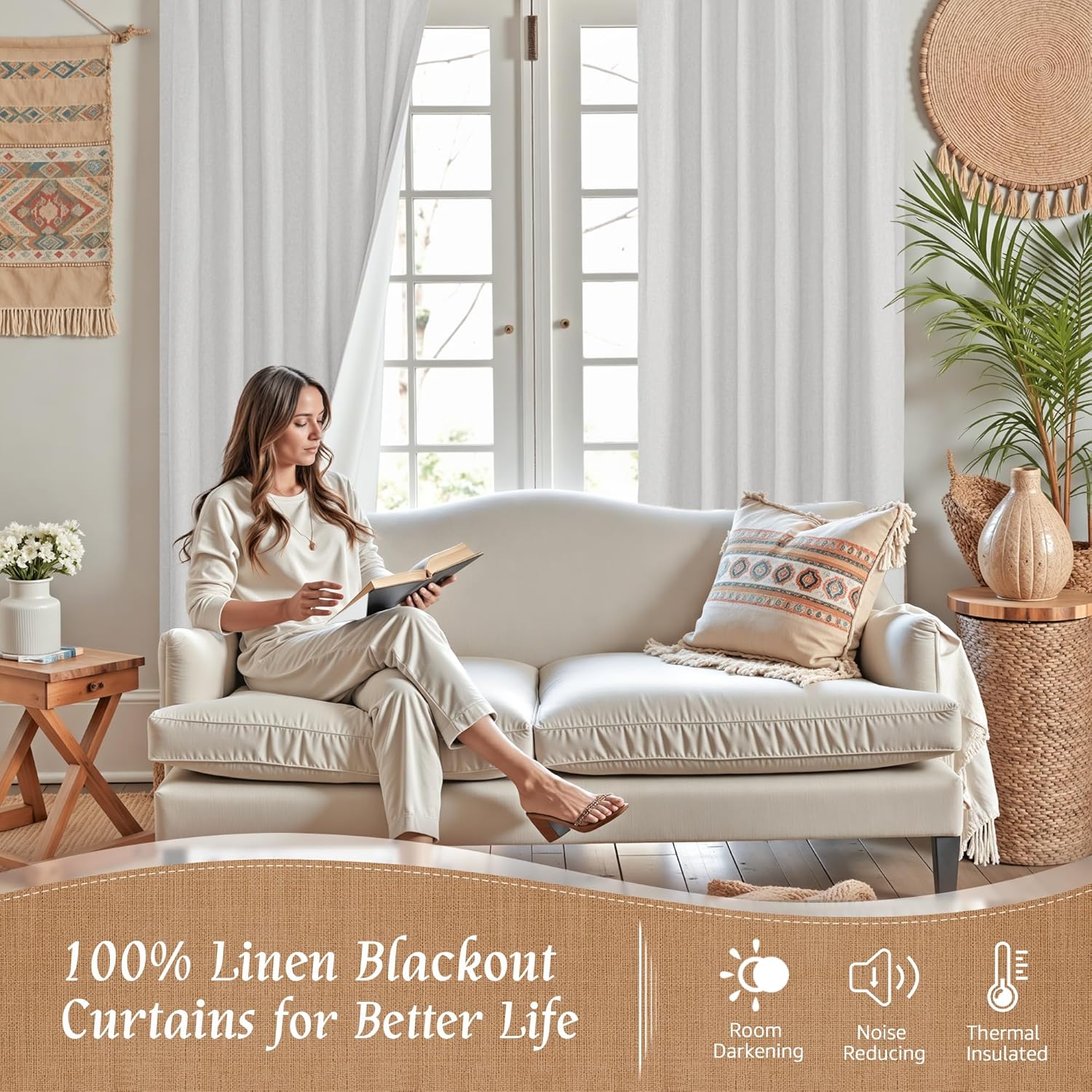 LAMIT 100% Blackout Natural Linen Curtains, 68 Inches Linen Textured Thermal Bedroom Curtains Back Tab and Rod Pocket Neutral Panels with White Liner for Farmhouse, 2 Panels, 52 x 68 Inch, Light Grey 52"W x 68"L (Pack of 2) Light Grey