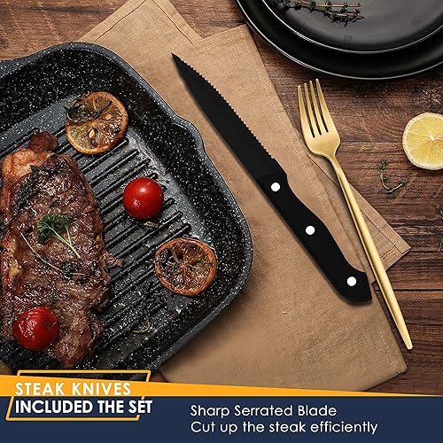 Miniatura 26 de Stapava Juego de cubiertos negros mate de 24 piezas con cuchillos para carne, cubiertos de acero inoxidable para 4, juegos de utensilios