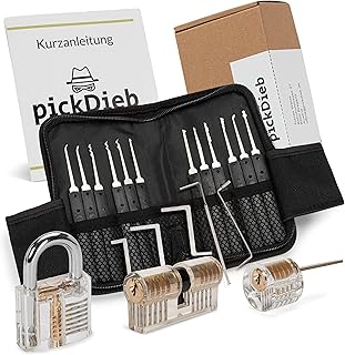26-teiliges Lockpicking Set mit 3 transparenten Übungsschlössern + Abdeckungen und Anleitung | Schlosszylinder aus Metall | Dietrichset für Anfänger und Fortgeschrittene