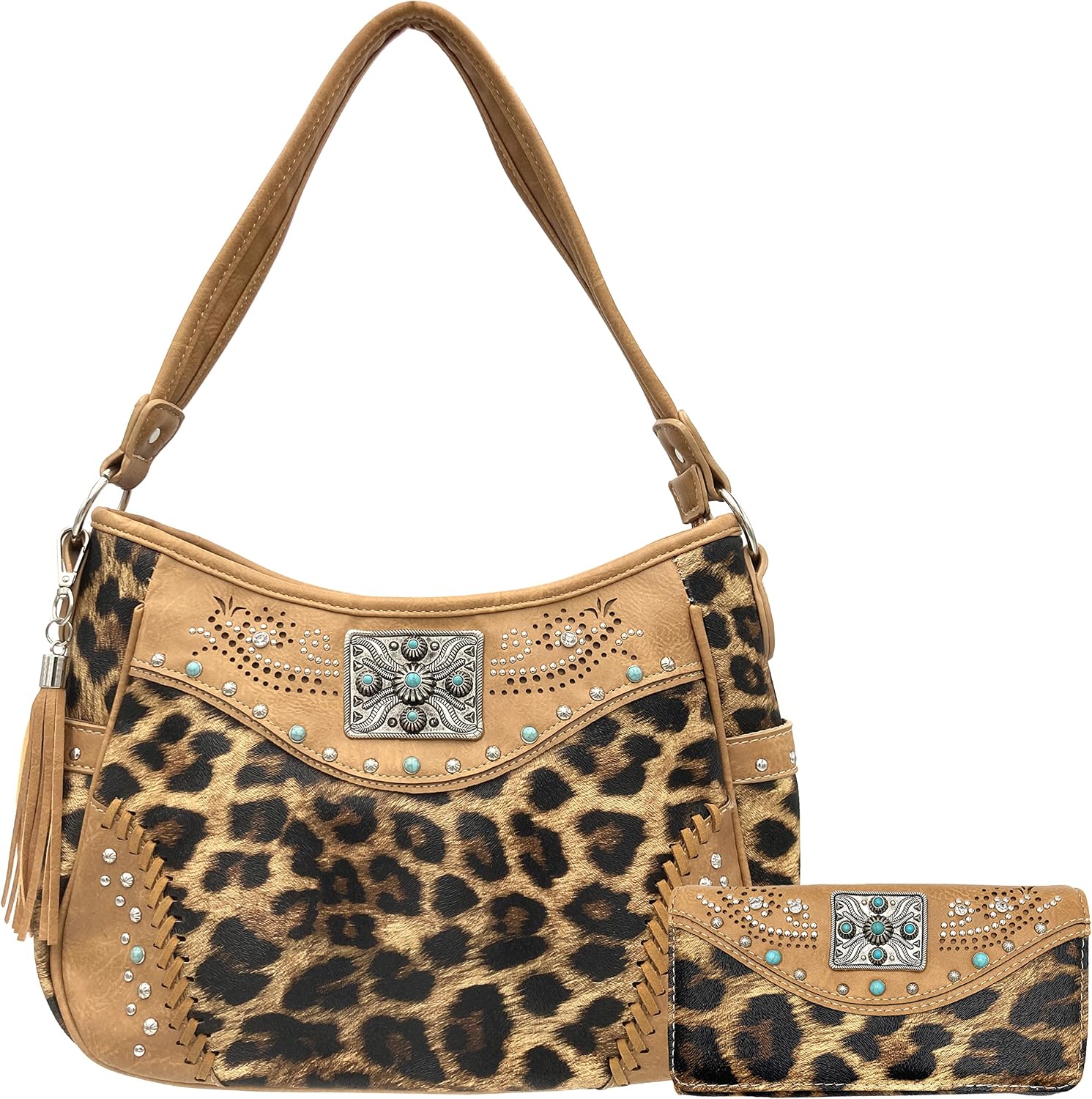 Leopard Animal Print Concealed Carry Feather Concho Country Vintage Western Handbag Hobo Purse Wallet Set