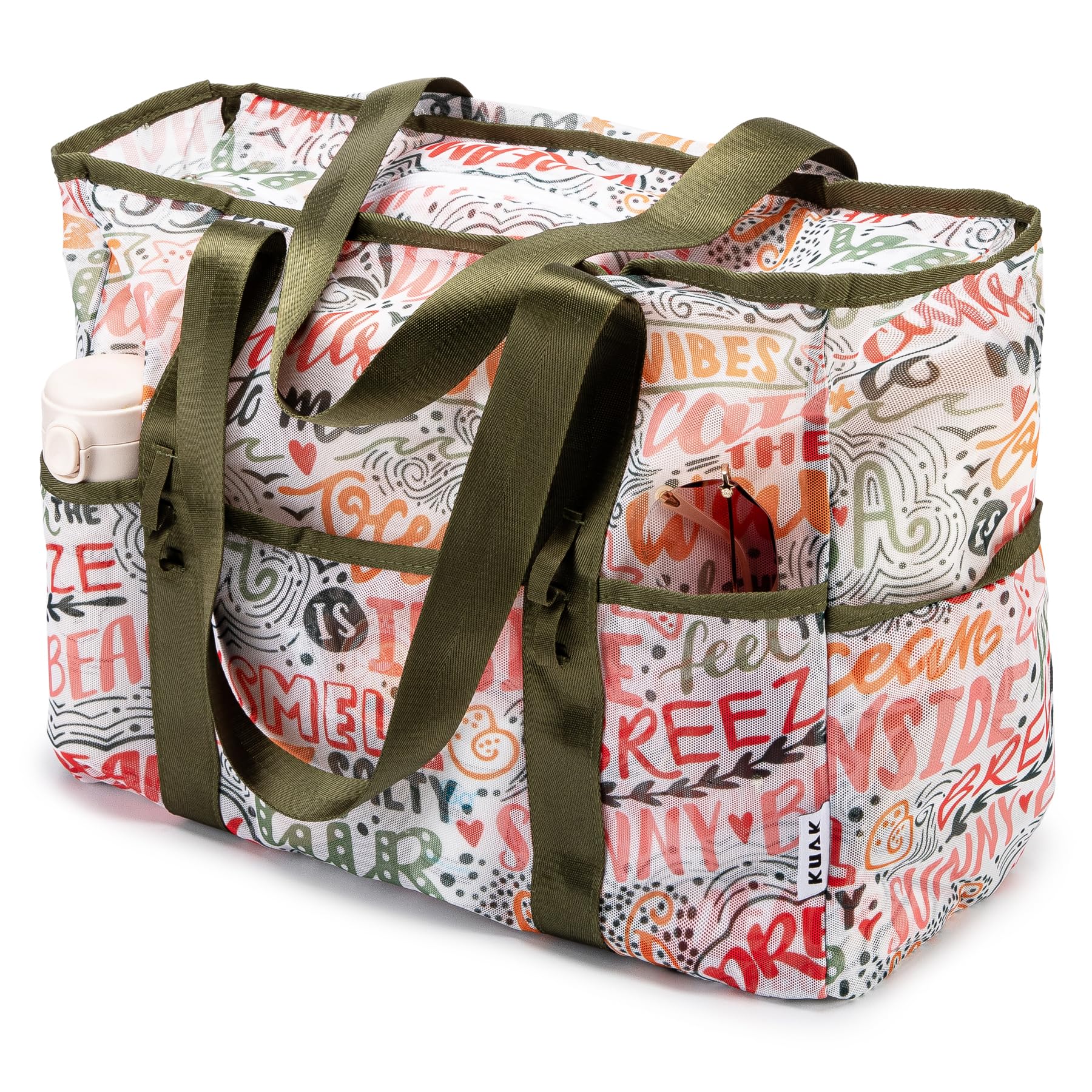 KUAK Mesh Beach Bag Large Beach Tote with Top Zipper 9 Pockets Inner Waterproof Pocket for Family Pool