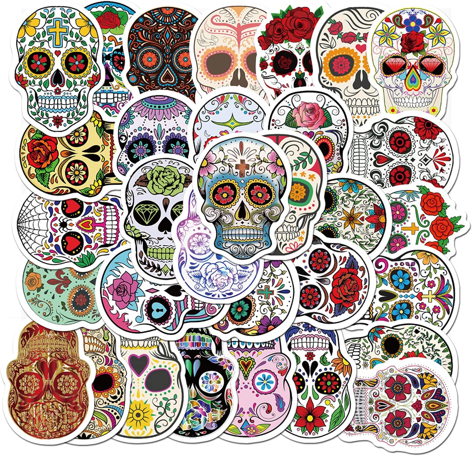50pcs Halloween Sugar Skull Stickers, Dia de Los Muertos Mexican Day of Dead Stickers Decals, Candy Skull Stickers for Laptop Water Bottle Luggage Bike Computer
