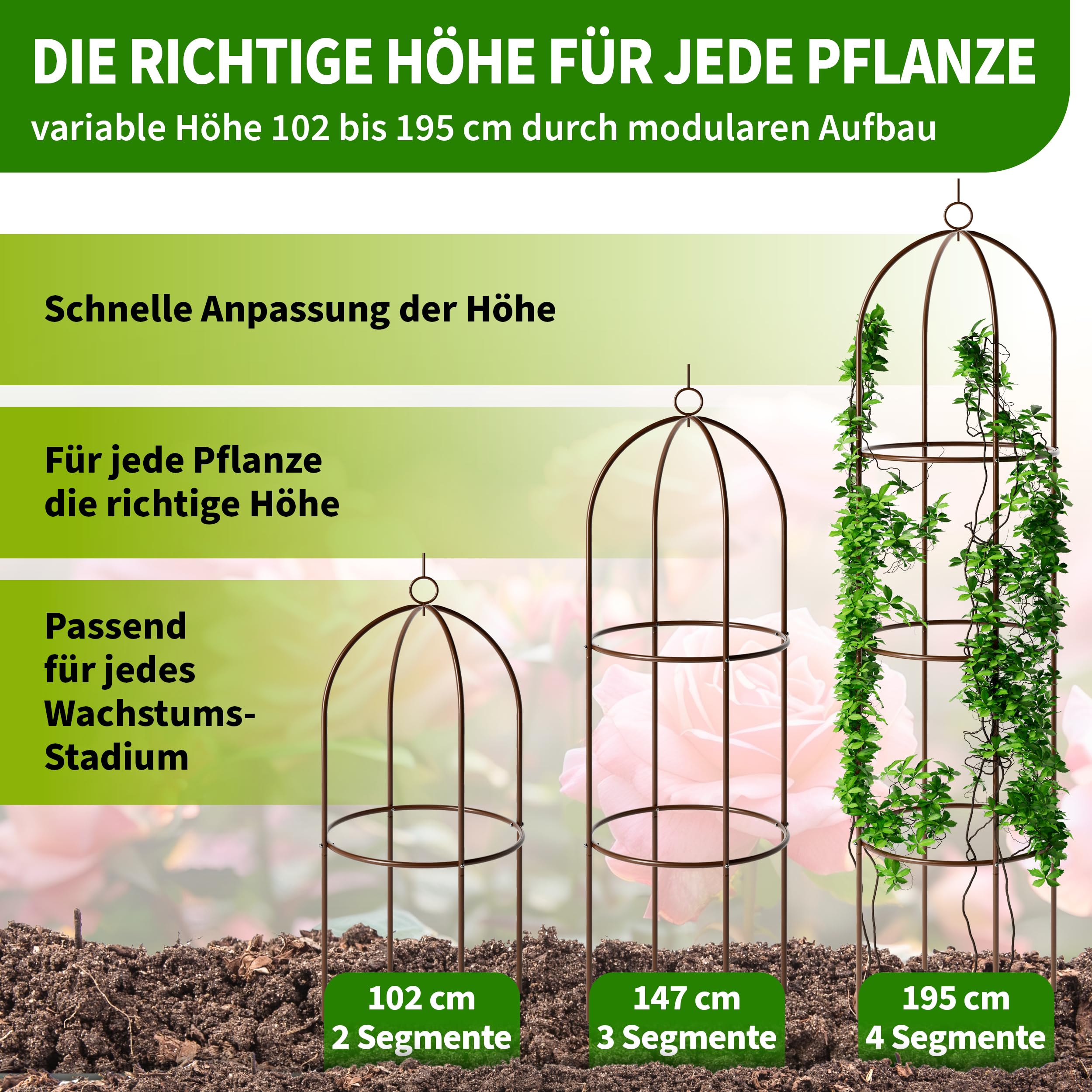 TTL Garden Obelisk - Set di 2 rampe di supporto XL 195 x 40 cm, colore: marrone, in metallo, acciaio inossidabile, per rampicanti, rose, clematidi, acciaio verniciato a polvere, altezza 195 cm,
