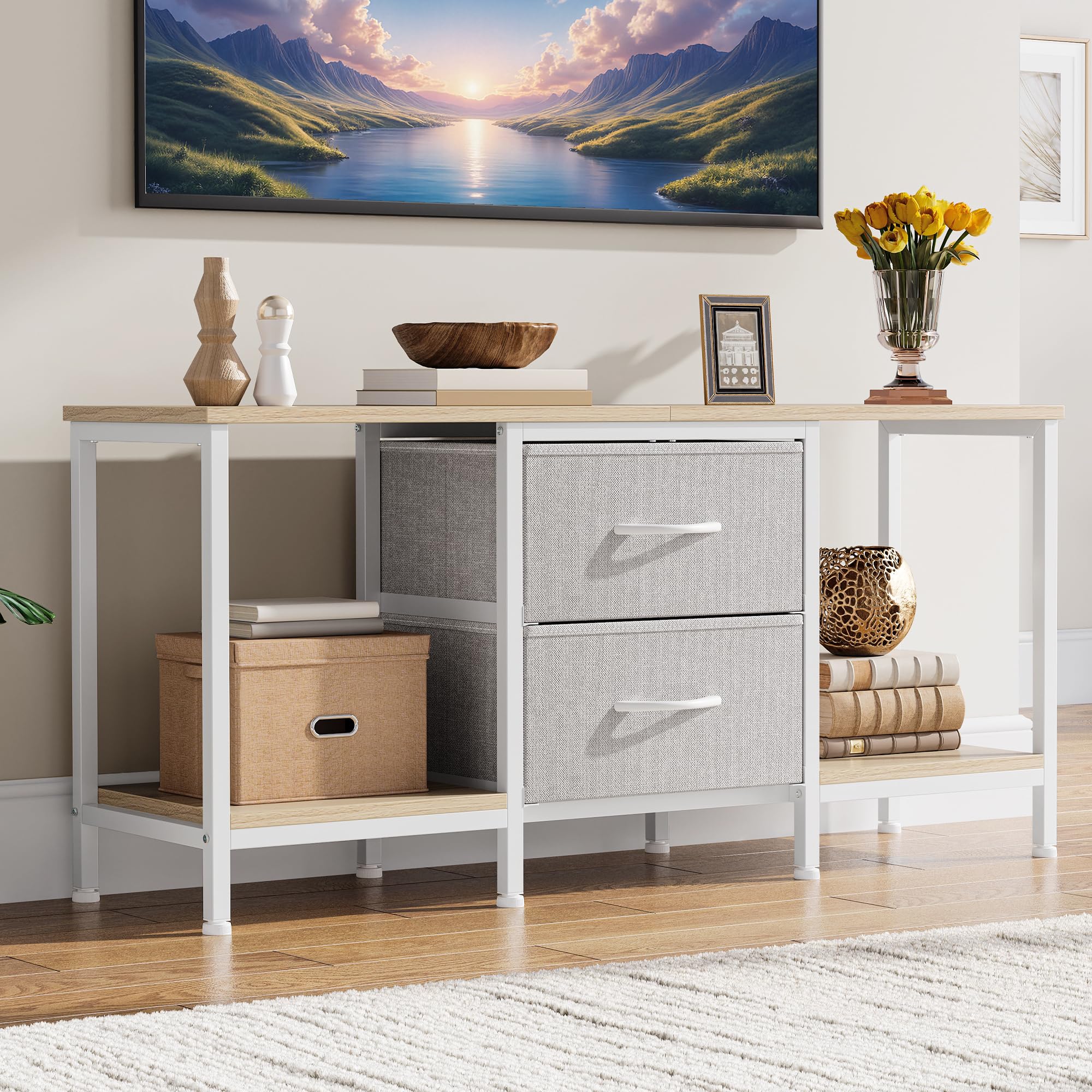 YITAHOME Meuble TV jusqu'à 47", Meuble TV avec 2 tiroirs en Tissu et 2 étagères Ouvertes, Commode 110 x 30 x 50 cm pour Salon, Salle de Divertissement, Chambre à Coucher, Cadre en Acier