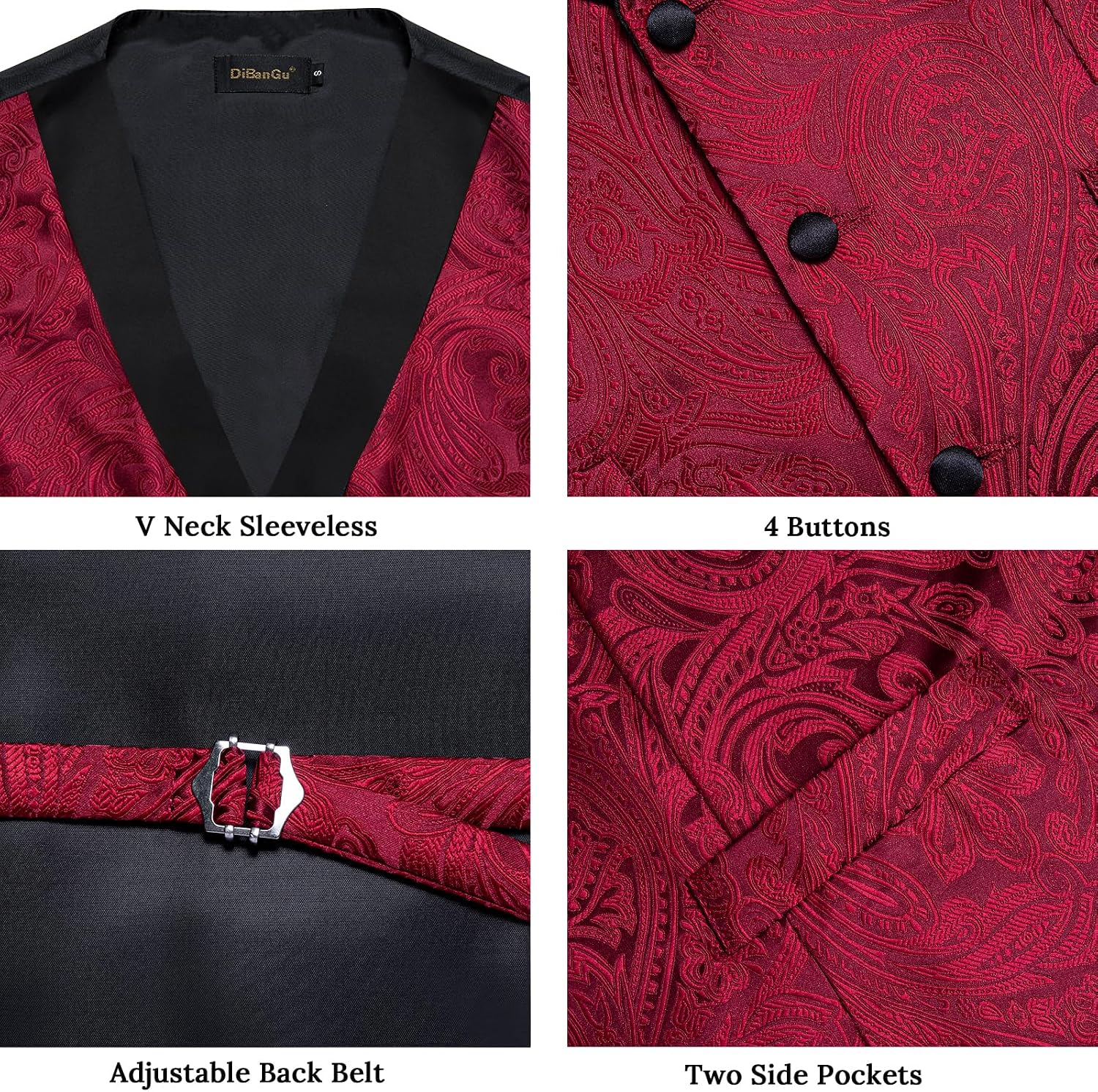 DiBanGu Mens Paisley Suit Vest Silk Jacquard Waistcoat and Necktie Set Formal Shawl Collar Dress Vest 7PCS for Wedding Party