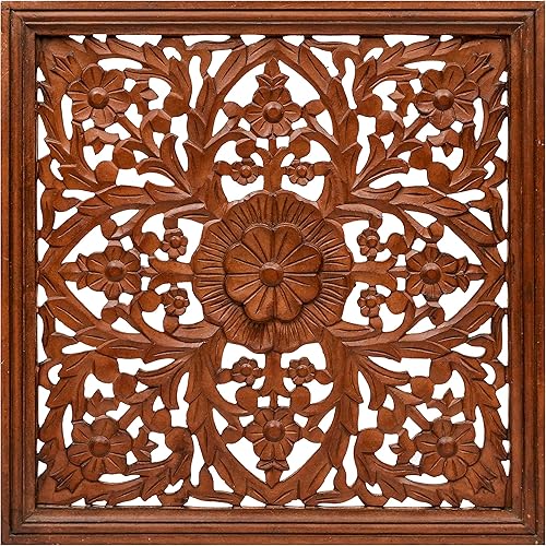 Miniatura 5 de Light & Pro Panel de arte de pared de madera de 24 x 24 pulgadas, decoración de pared decorativa marrón tallada a mano para sala de estar,