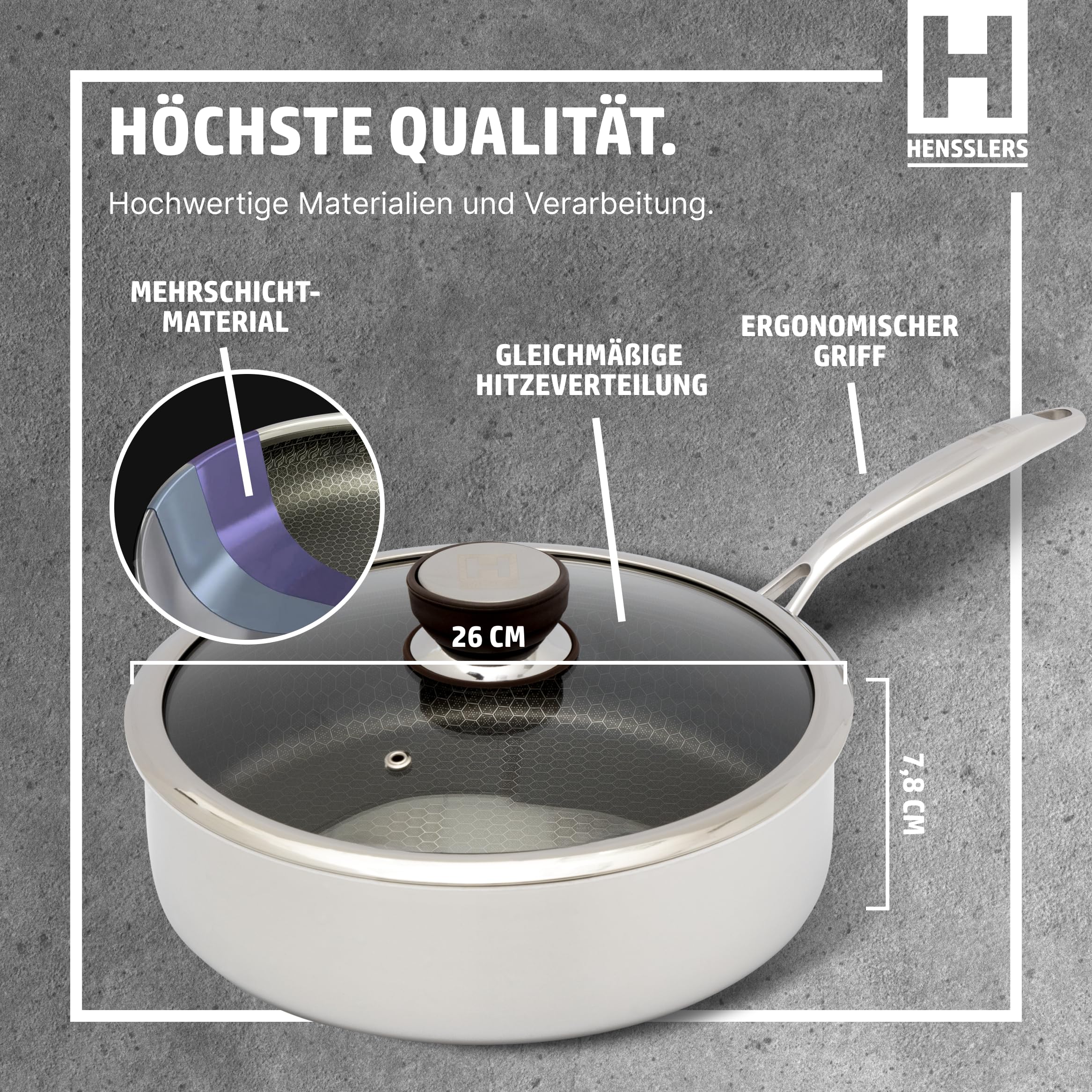 HENSSLERS® Sautepfanne 26cm mit Deckel [FÜR ALLE HERDARTEN INKL. INDUKTION] - Sauteuse Edelstahl - Pfanne Hoher Rand - Schmorpfanne mit Deckel für Induktion - Tiefe Pfanne mit Antihaftbeschichtung
