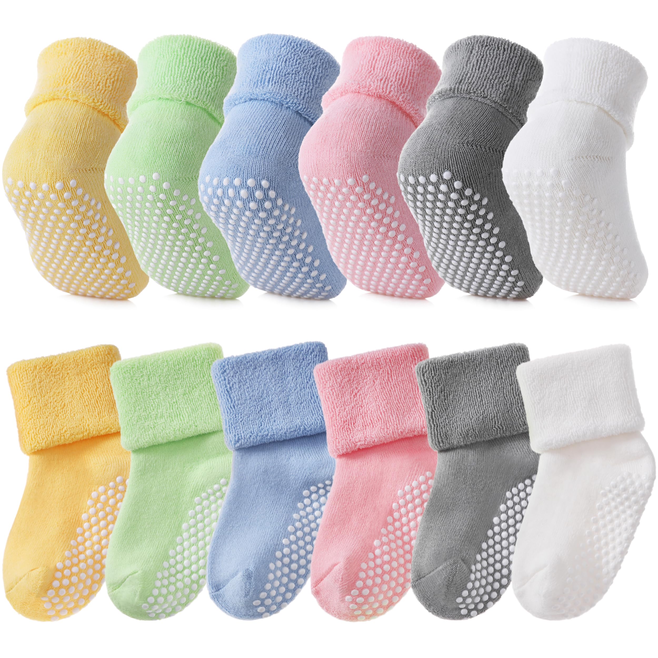 SDBING Baby Boys Girls Grips Socks Infant Toddlers Kids Non Slip Warm Thick Cotton Ankle Crew Socks with Grippers (3-12 Months, 6 Pairs Colorful)
