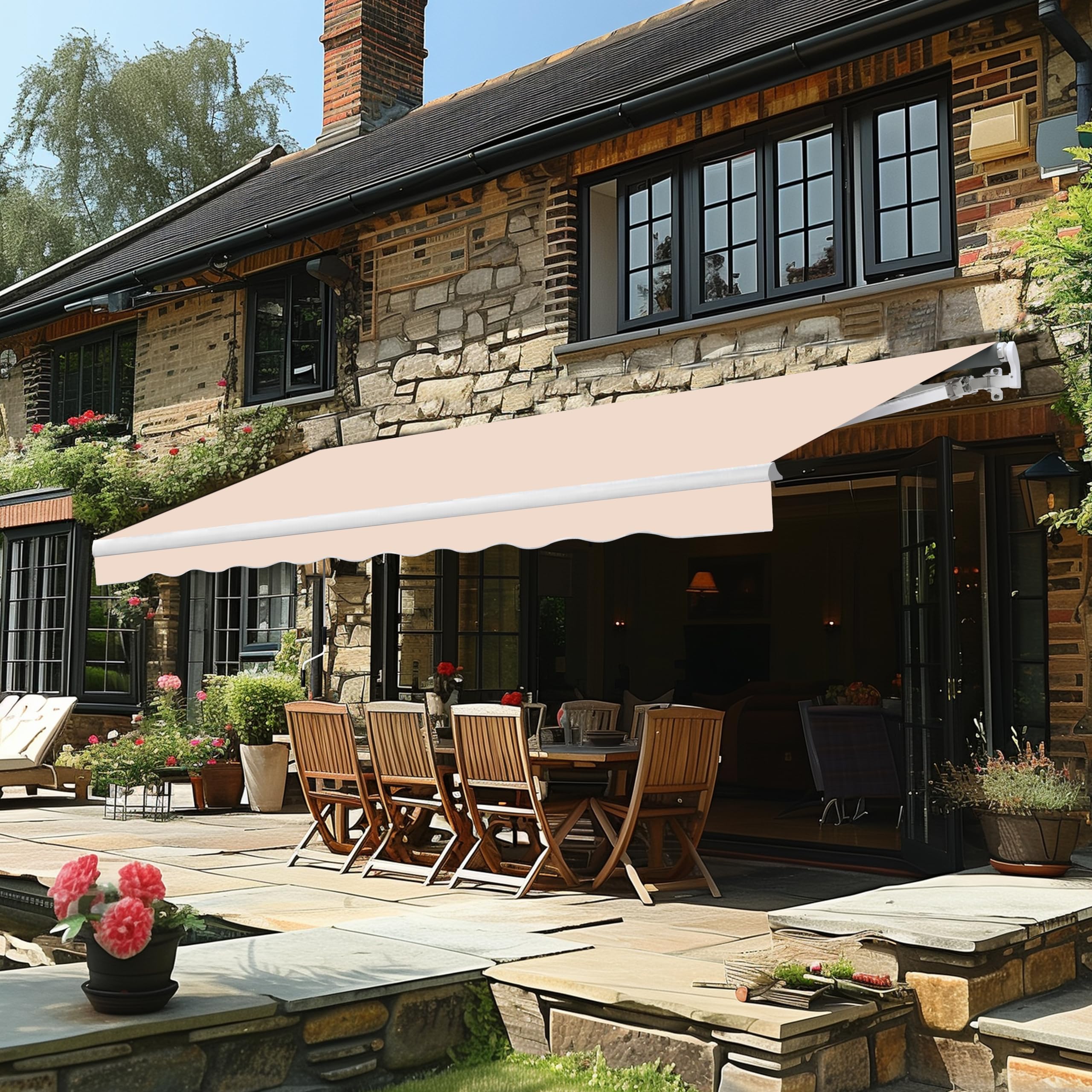 Yardenaler 12x10 ft manual retractable patio awning in beige