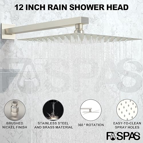 Miniatura 3 de Juego de grifo de ducha de 12 pulgadas, sistema de ducha de lluvia con cabezal de ducha de lluvia fijo cuadrado y cabezal de ducha de mano de alta