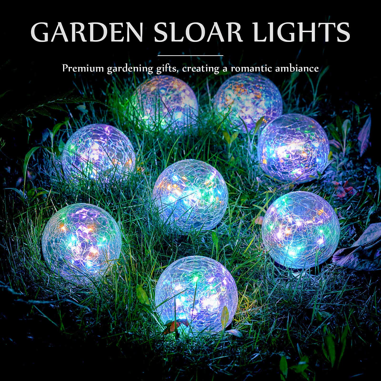 Luci solari da giardino a sfera in vetro incrinato, luci decorative a globo solari per esterni, luci a LED impermeabili per patio, vialetti, vialetti, giardini, cortili, decorazioni (8 pezzi, 9,9 cm)