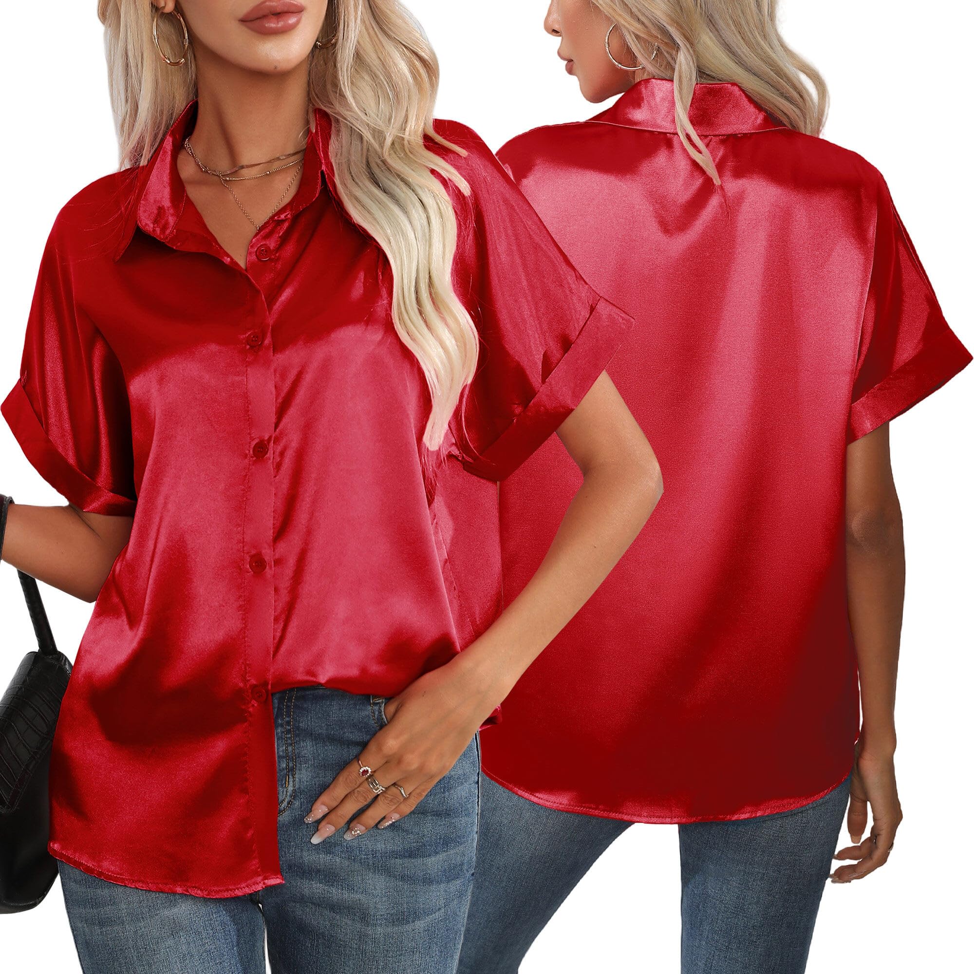 AIEOE Blusas de Mujer Elegantes Camisas de Seda Manga Corta Mujer con Botones Casual Camisa de Verano para Oficina