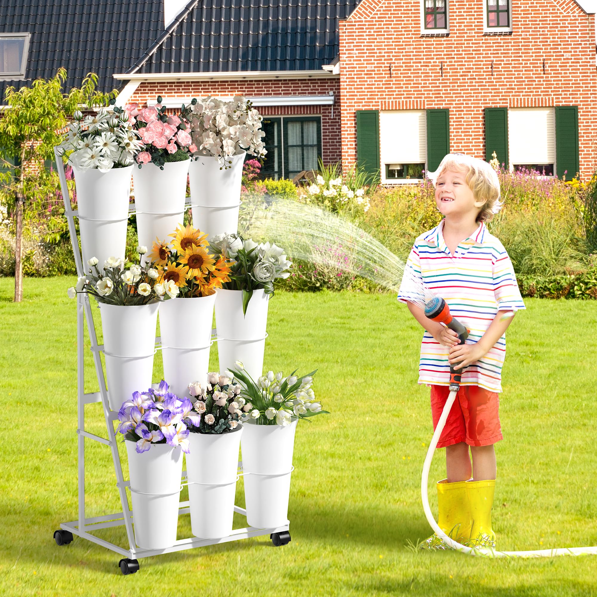 Alyoen Présentoir à fleurs à roulettes avec 9 seaux, présentoir à fleurs métallique à 3 étages, présentoir mobile pour plantes d'intérieur et d'extérieur, mariages, fleuristes, jardin (blanc)