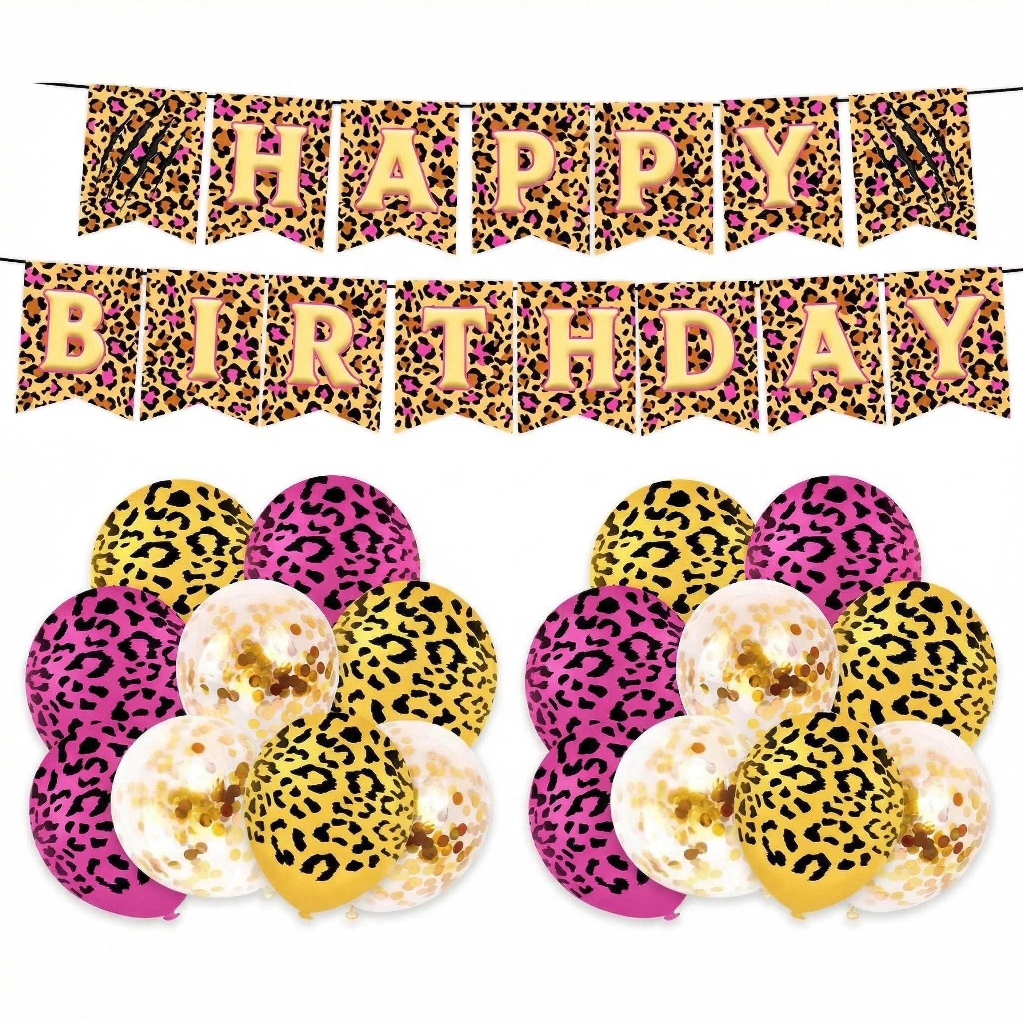 Satiskid Leopard Print Birthday Banner Set and 18PCS Balloons,Pink Gold Cheetah Print Birthday Decorations Kit, Safari Jungle Animal Themed Party Decor for Women Girl