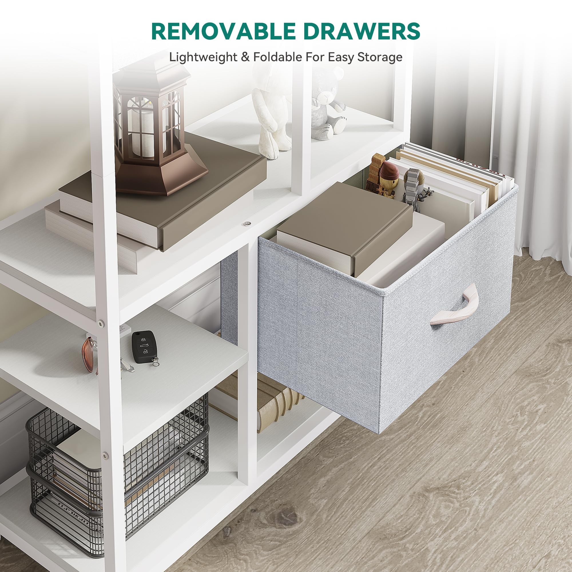 YITAHOME Estantería para Libros con 7 estantes con cajones de Piso a Techo, estantería Industrial, estantería de Acero, Adecuada para Sala de Estar, Oficina, Estudio, Pasillo, Cocina, Blanco