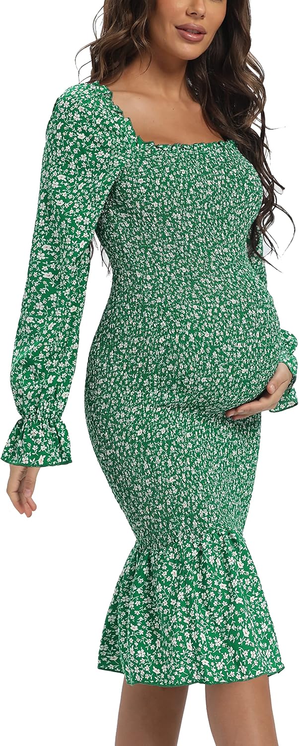 Maternity Fall Floral Midi Bodycon Dresses, Long Puff Sleeve Square Neck Ruffle Hem Mermaid Baby Shower Dress Green L - Image 4