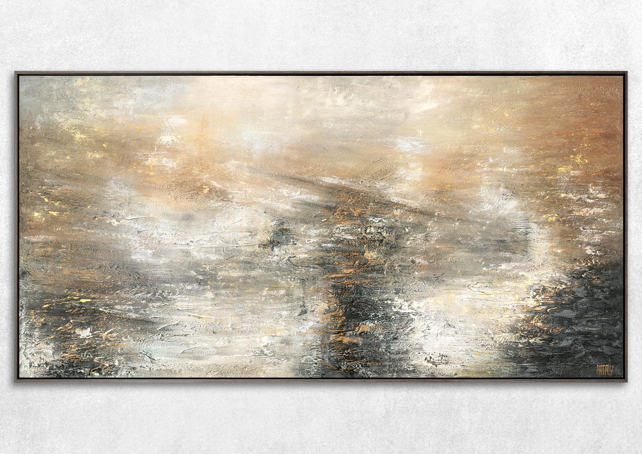 YS-Art Abstrakt Acryl Gemälde auf Leinwand Kraft der Elemente handgemalt Wandbilder 120x60 cm mit Rahmen