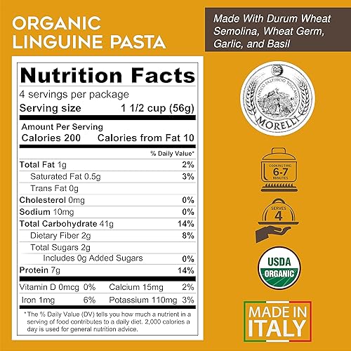 Miniatura 3 de Morelli Pasta italiana orgánica de ajo y albahaca Linguine - Pasta gourmet hecha a mano en pequeños lotes, sémola de trigo duro, Al Dente, pasta