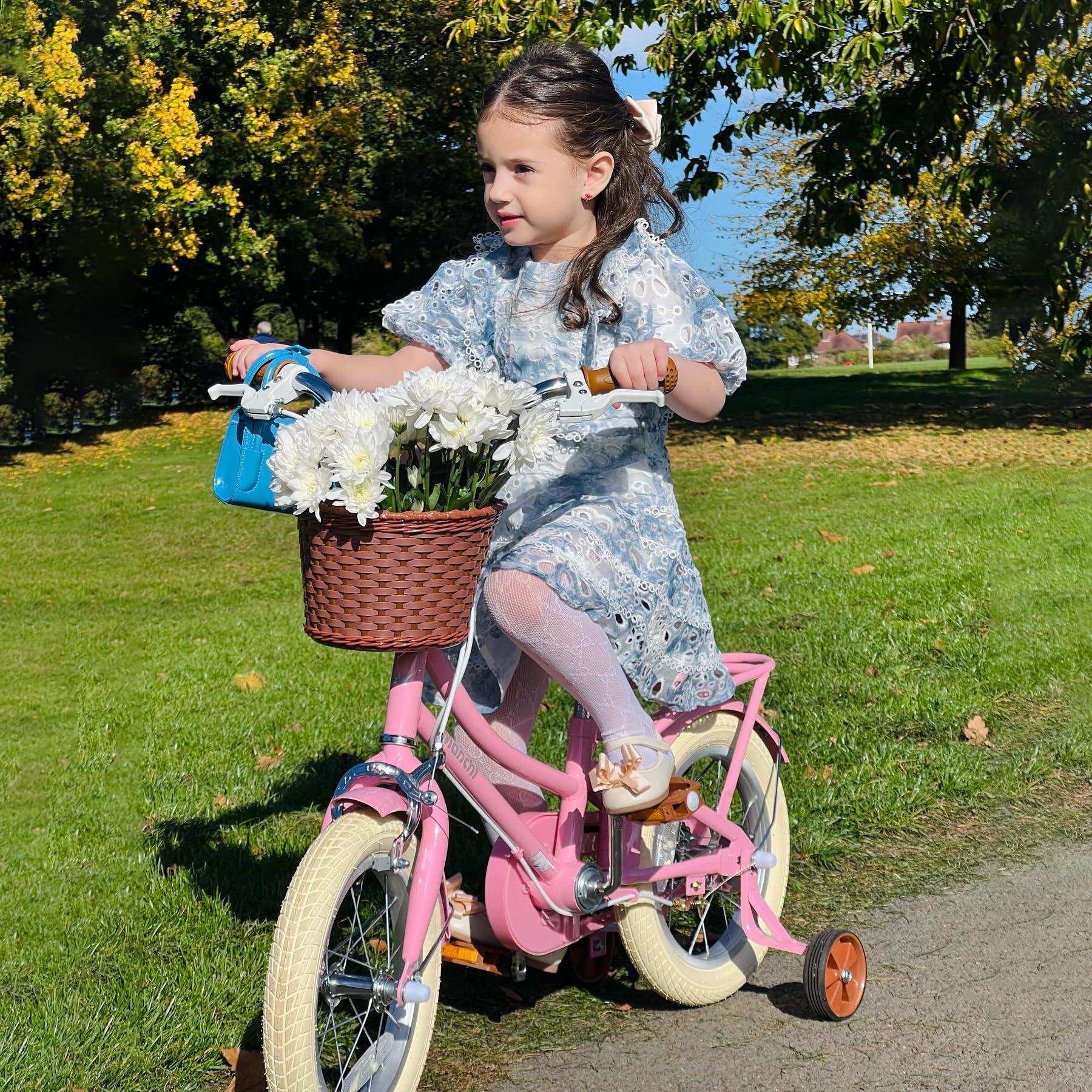 Bicicletta per bambini 12-18 pollici con cestino e ruote stabilizzatrici verde e rosa