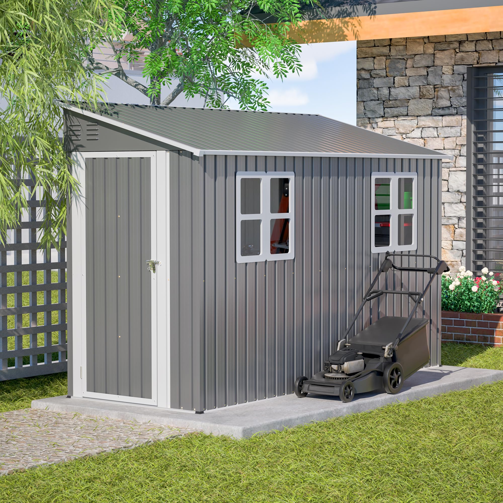 YOPTO 4x10 FT Outdoor Shed with Floor Frame &amp; 2 Windows,Gray