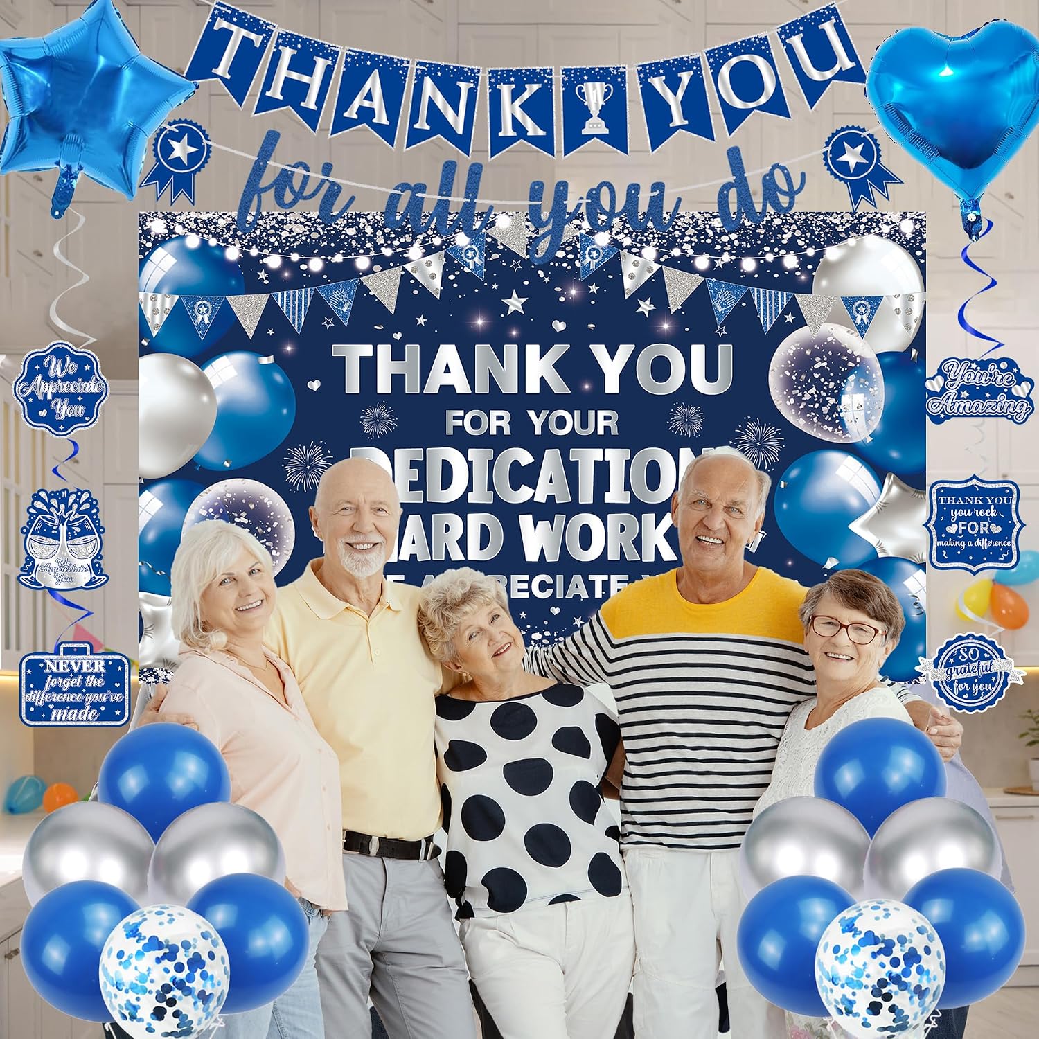 Vlipoeasn We Appreciate You Banner Decorations, Blue Silver Thank You for All You Do Backdrop Banner Honeycomb Centerpieces, Retirement Office Decor Staff Teachers Professors Doctor Nurses