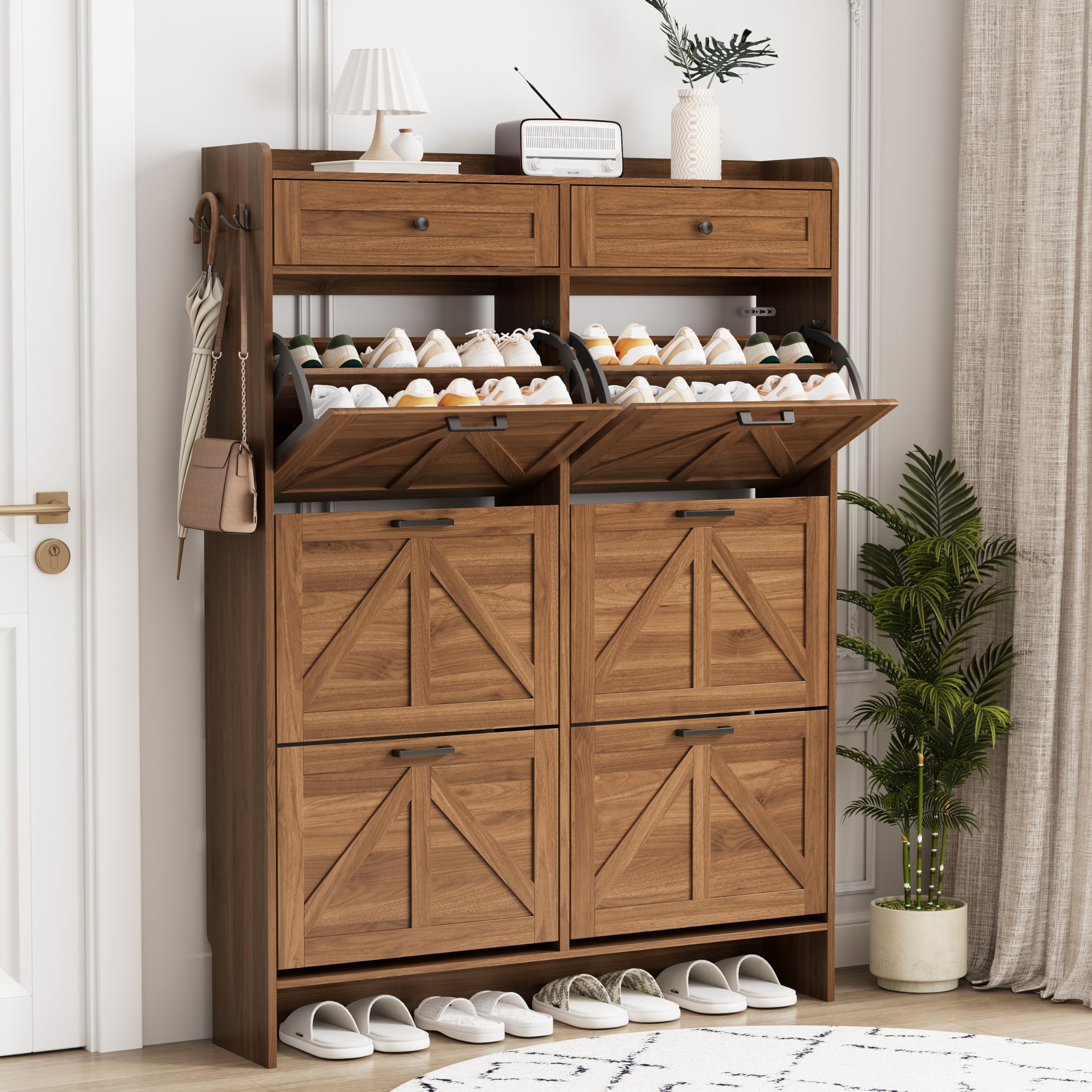 Shoe Cabinet with 6 Flip Drawers &amp; 2 Top Drawers, 57" Tall Freestanding Narrow Wooden Shoe Storage Organizer for Entryway, Hidden Slim Shoe Rack for Front Door Entrance, Hallway, Living Room, Walnut
