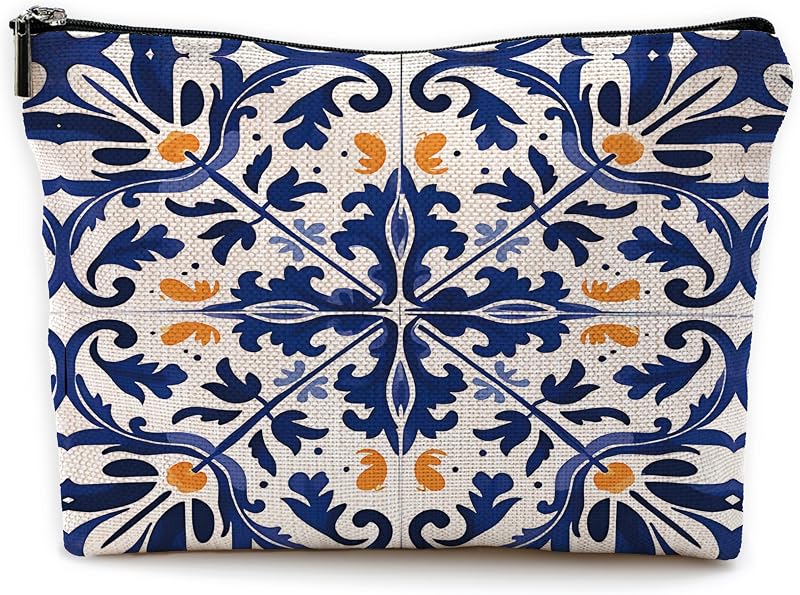 Necessaire Yomisex com zíper, estampa Flower - Blue and orange, linho, Vintage, 1 unidade
