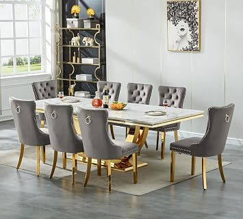 9-Piece Modern Dining Table Set with 8 Chairs, 94.5" Large Marble Kitchen Table & Grey Upholstered Chairs Set for 8, White Dining Room Table Set with Gold Stainless Steel Frame & Faux Mable Top