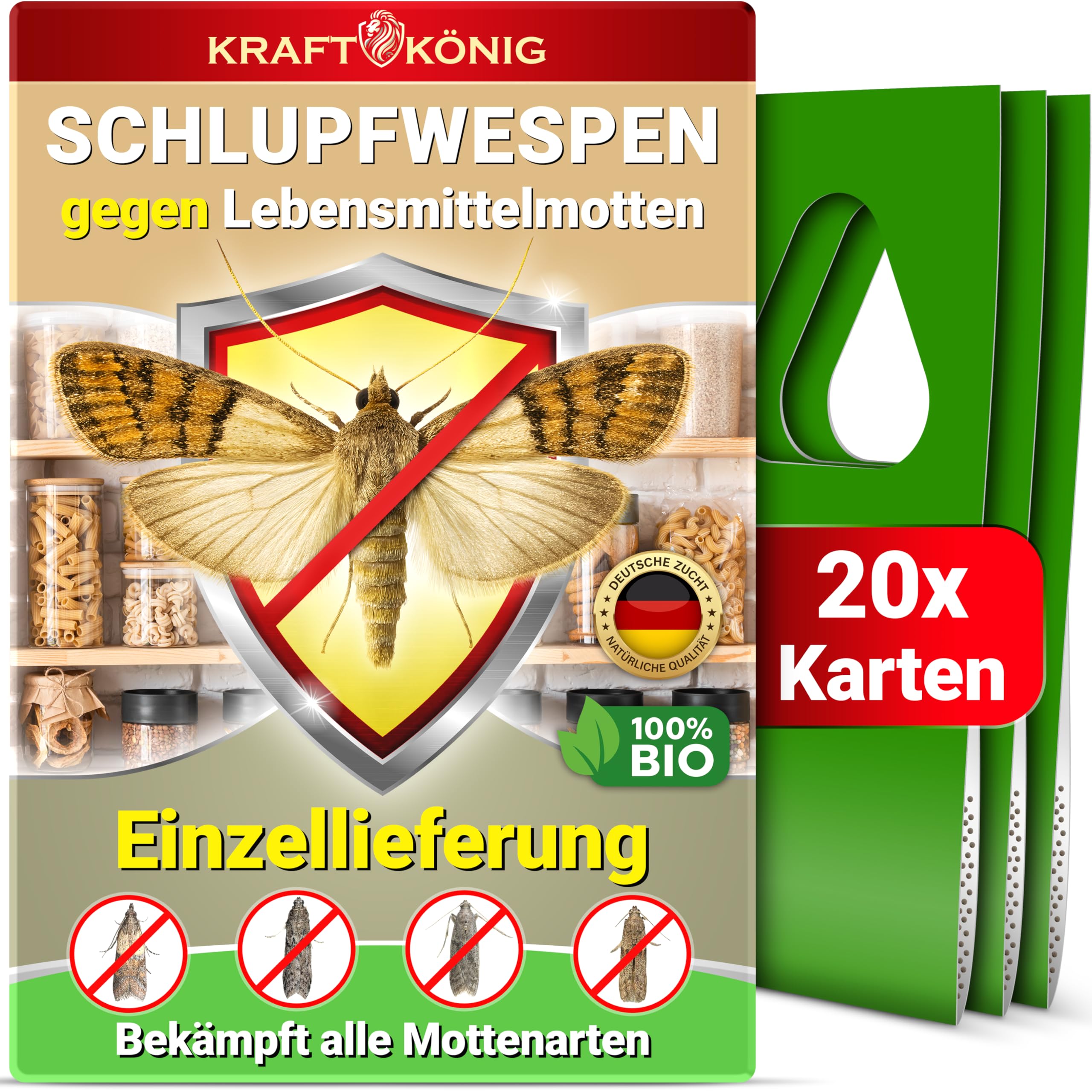 Schlupfwespen gegen Lebensmittelmotten – 1 Lieferung mit 20 Karten – Biologische Mottenbekämpfung – Sofort einsatzbereit – Alternative zu Mottenfalle, Mottenpapier & Mottenspray