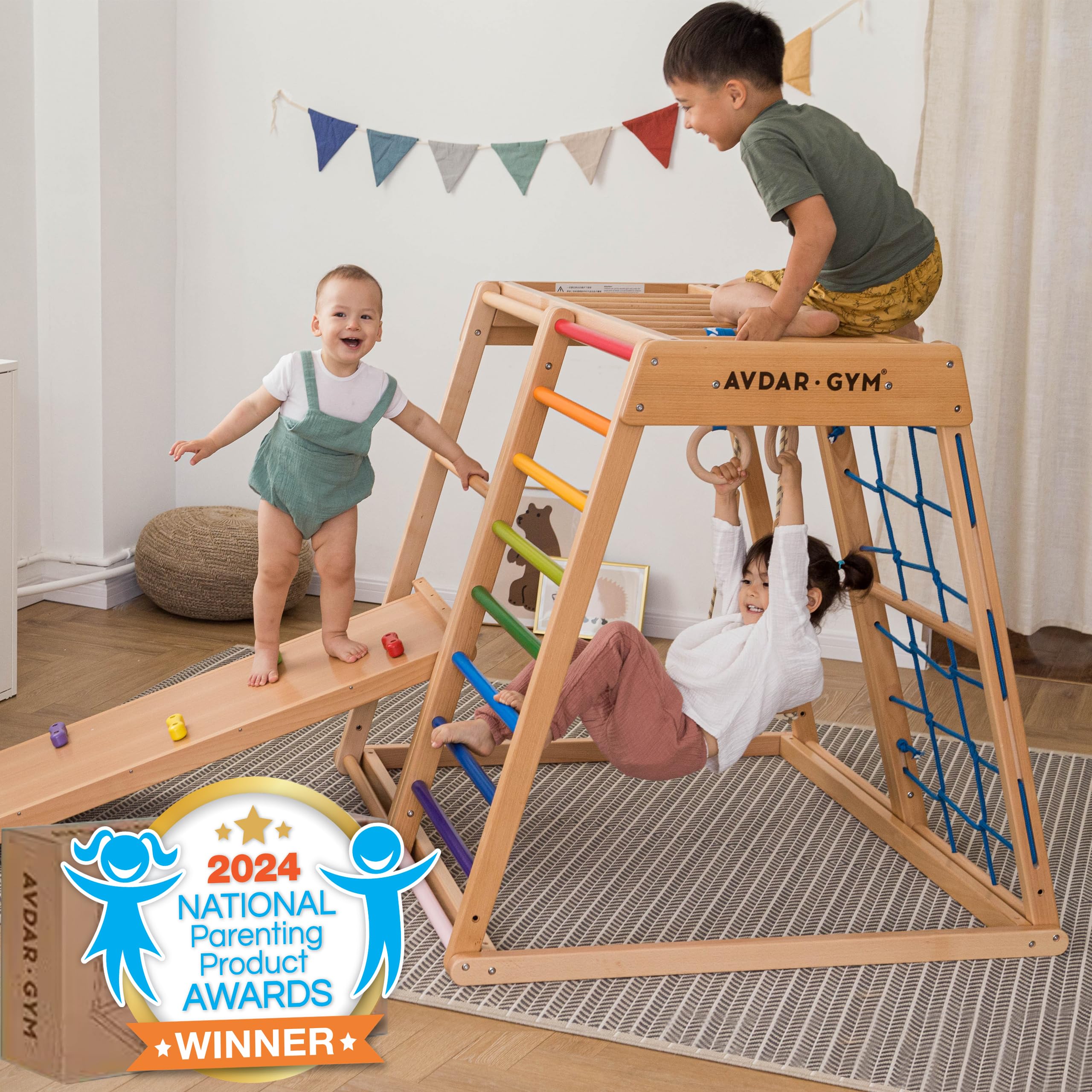AVDAR Indoor Jungle Gym, 8-in-1 Beechwood Toddler Climber Playset, Wooden Montessori Indoor Playground for Kids, Easy Assembly, Safe & Sustainable