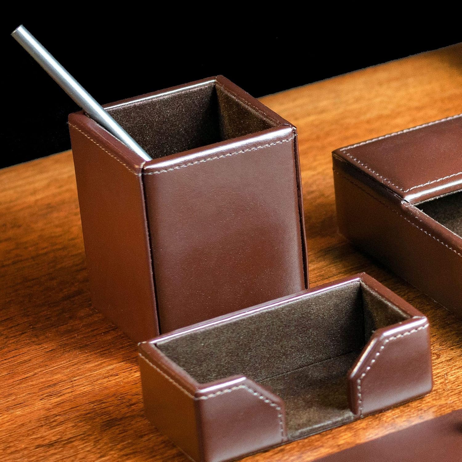DACASSO Bonded Leather Pencil Cup - Luxury Cup Storage for Pens, Pencils, & Office Accessories - Elegant Pen Organizer & Executive Desk Decor - (Dark Brown)