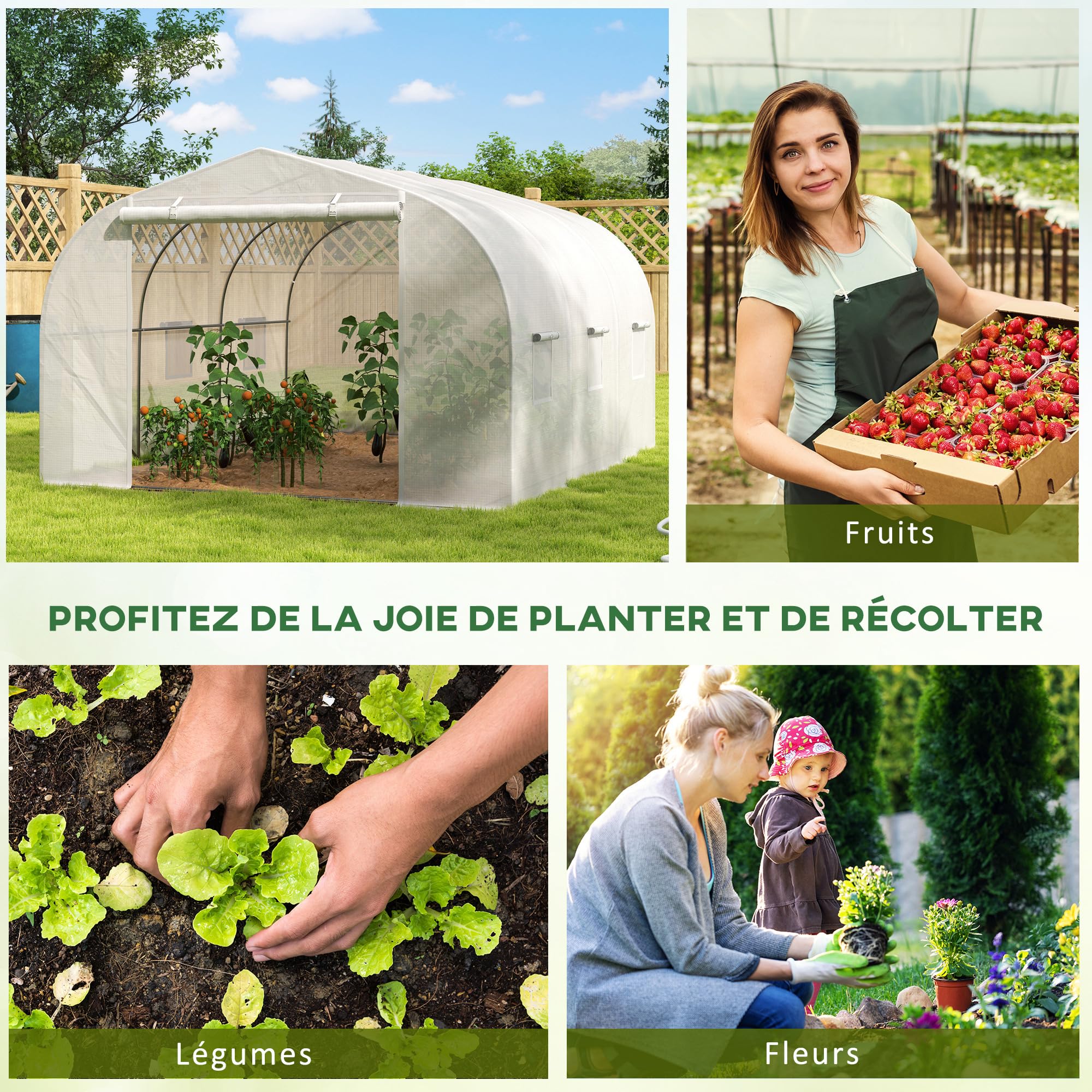 Outsunny Serre de Jardin Serre Tunnel de Jardin dim. 3,5L x 3l x 2H m Porte + 6 fenêtres enroulables Acier galvanisé bâche PE Haute densité Blanc
