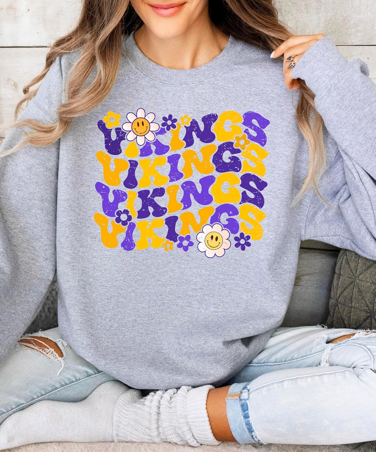 Olive Loves Apple Vikings Team Sweatshirt for Women, Teens & Kids Floral Groovy Sports Team Sweater