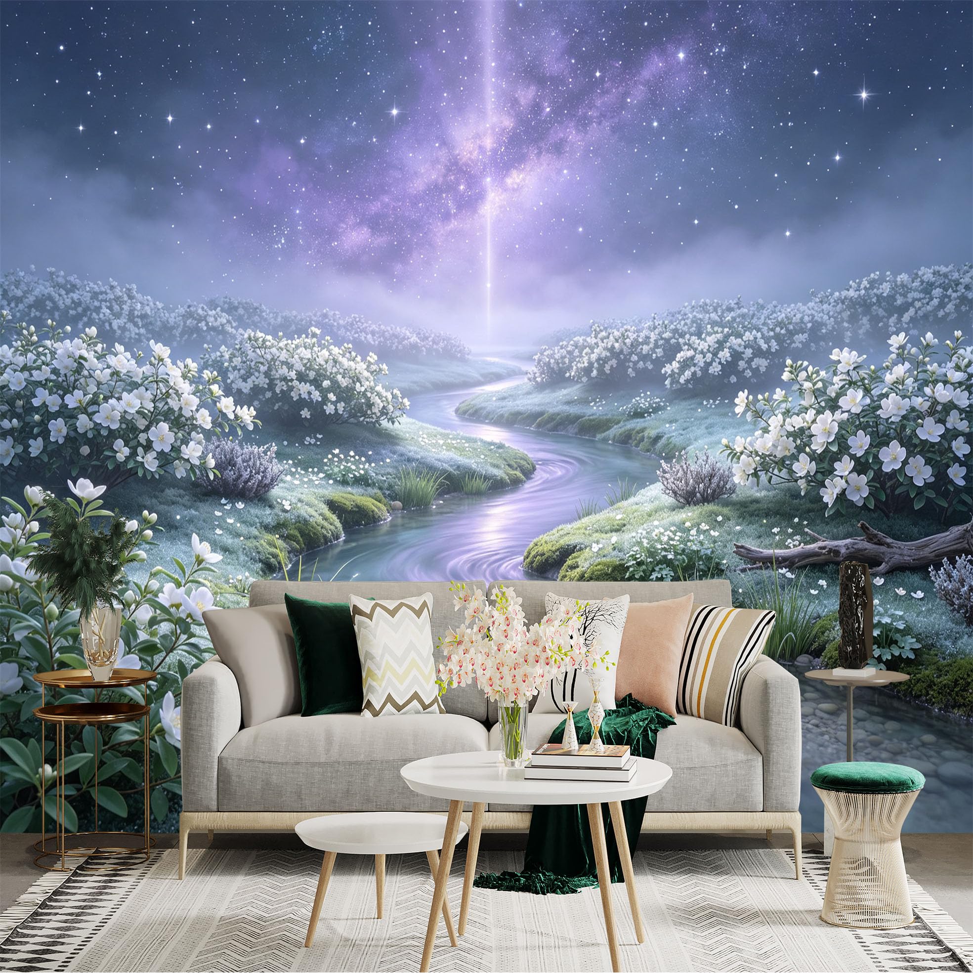 Custom Size Wall Sticker Mural， Dreamy Galaxy Sky， Flowing Stream， White Blossom Flowers， Peaceful Nature Landscape， for wall Decoration， peelandstick wall Decals.