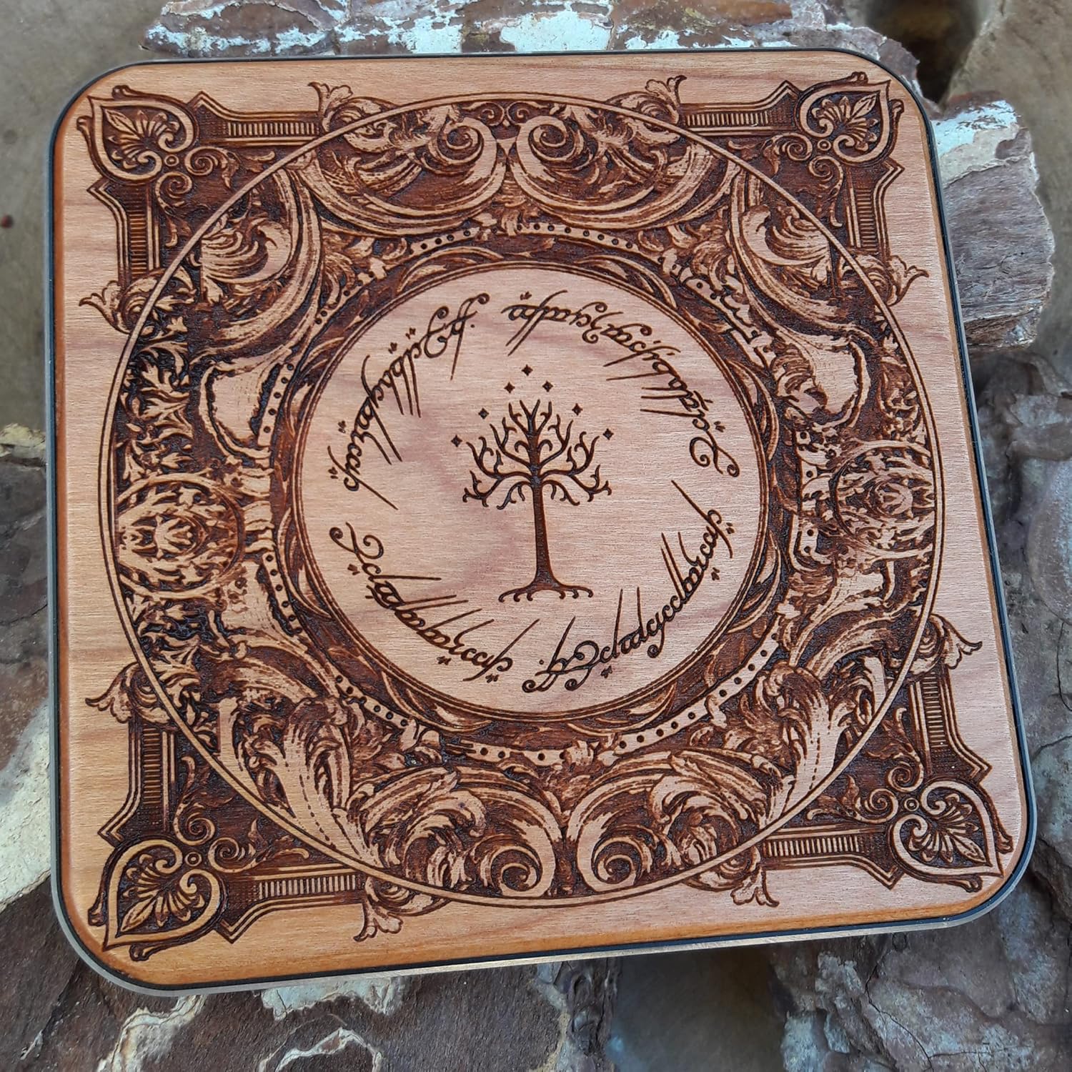 15W Wireless Charger – Engraved Fantasy Tree Symbol in Cherry Wood | Fast Qi Charging Pad with Black Aluminum Base | for iPhone 16, Galaxy S25, S24 | Gothic Elven Desk Decor