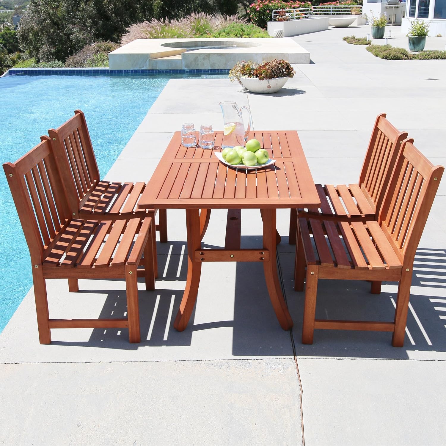 Vifah Malibu Outdoor 5Piece Wood Patio Dining Set with Curvy Leg Table