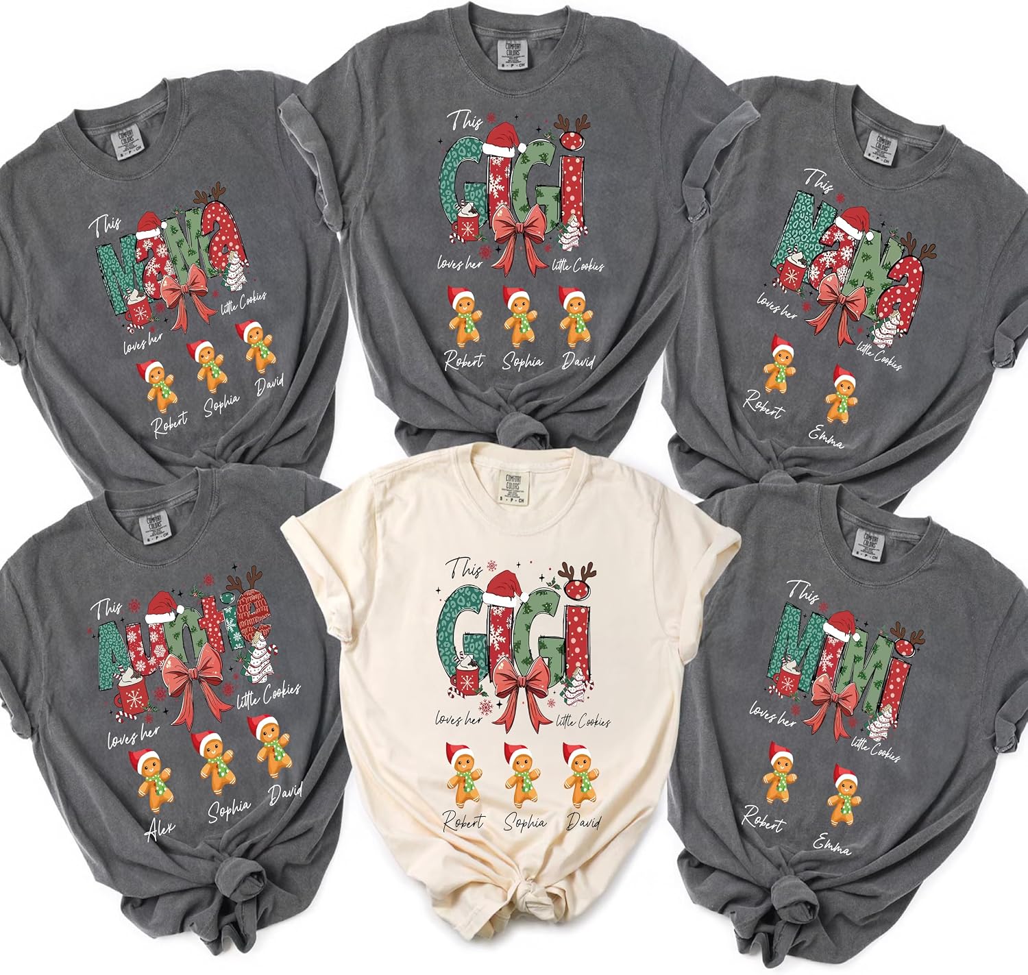 Mom, Grandma Christmas Shirts with Kids Names, Personalized Family Matching Christmas Mama Nana Tshirts, Good Gifts for Mom, Auntie, Grandma for Merry Xmas, Parent-Child Short Sleeves Tops