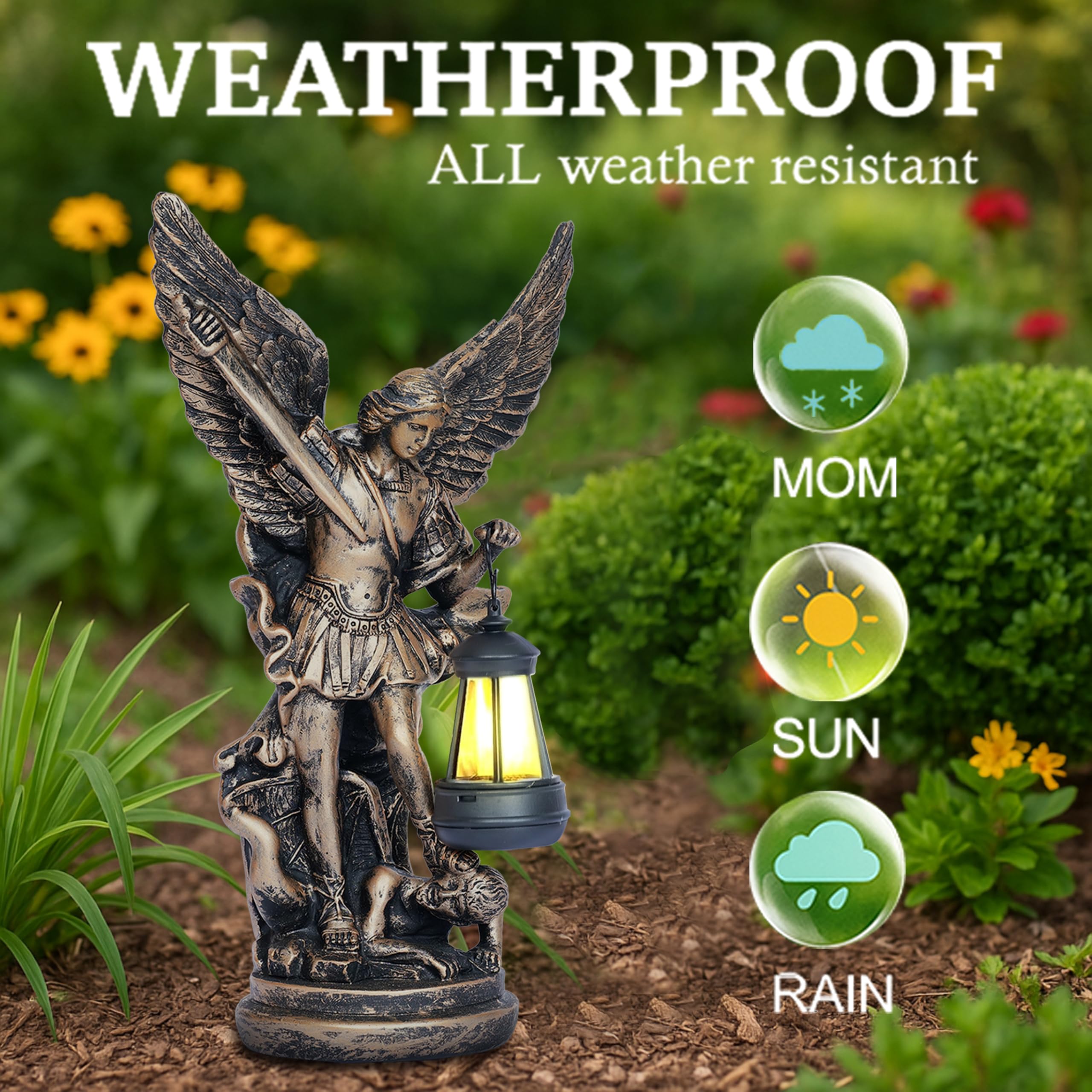 Solar San Miguel Arcangel - Estatuas de decoración de jardín al aire libre, 12.4 pulgadas, satue solar de San Miguel Arcángel para patio, césped, porche, decoración de resina, figura de San Miguel
