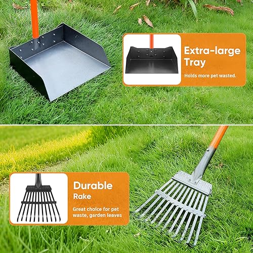 Miniatura 2 de Recogedor de excrementos, desmontable de mango largo con rastrillo y bandeja de metal resistente, recogedor de excrementos duradero para perros