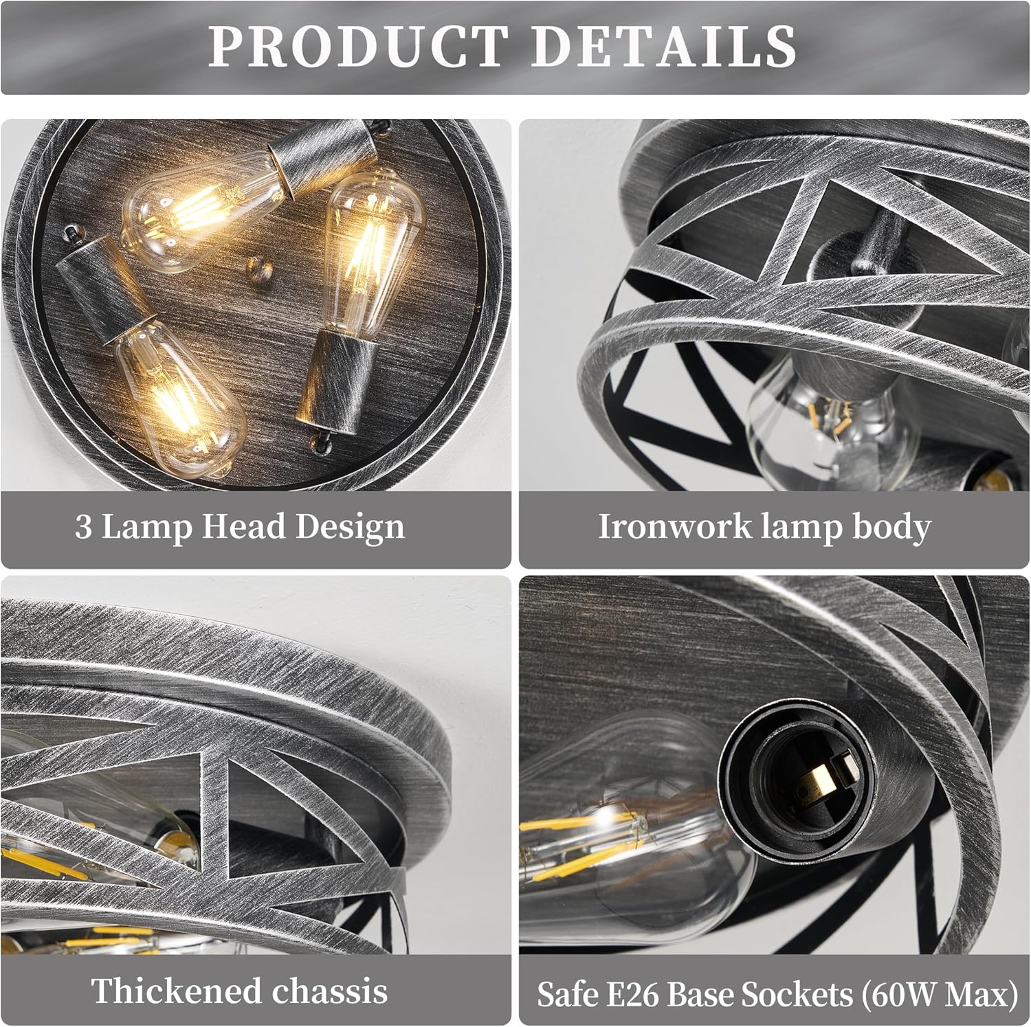 3-Light Cage Ceiling Light Fixtures, Farmhouse Close to Ceiling Lights, 13 Inch Black and Silver Metal Flush Mount Ceiling Lights for Bedroom, Living Room, Porch Kitchen Entrance