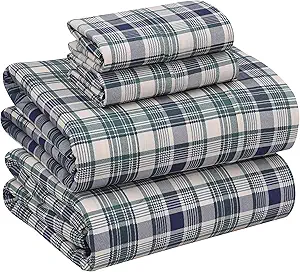 RUVANTI 100% Cotton Sheets Queen Size Set, 4 Pieces, Soft & Breathable Percale Weave Bedding, Deep Pocket 16", Hotel Standard, Crisp Cool Feeling, Durable, Perfect Plaid Bed Sheet, Greenish Blue Plaid