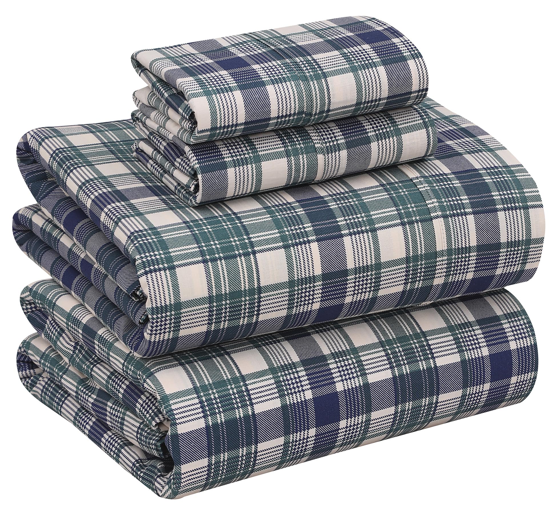 RUVANTI 100% Cotton Sheets – King Size Percale Bedding, Cooling & Breathable Floral Design, Durable with a Crisp, Soft & Comfortable Feel, 16" Deep Pocket, 4-Piece Set, Greenish Blue Plaid