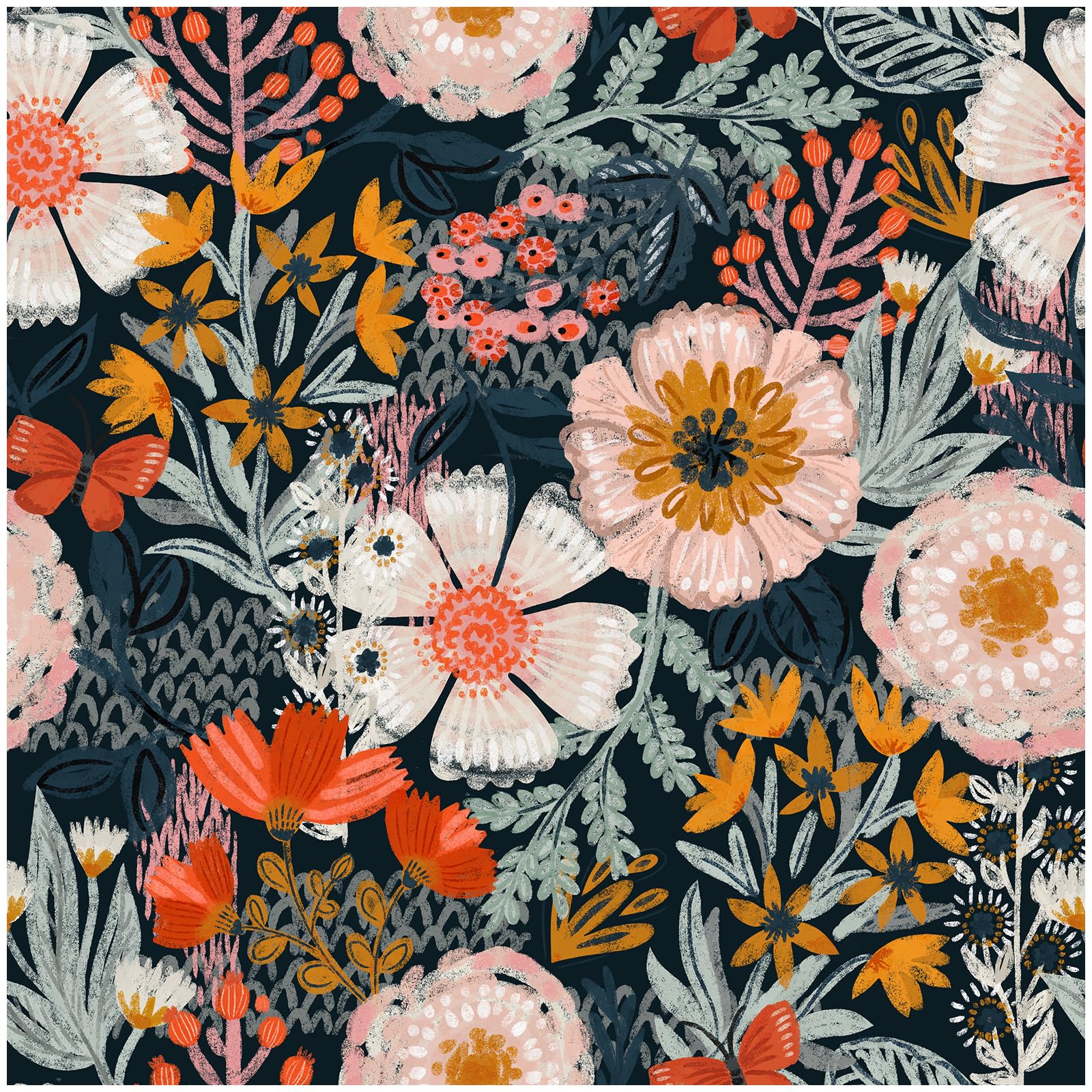 HAOKHOME Boho Peel and Stick Wallpaper Floral Wall Paper Removable for Bedroom Navy/Pink/Orange Contact Paper 17.7in x 9.8ft