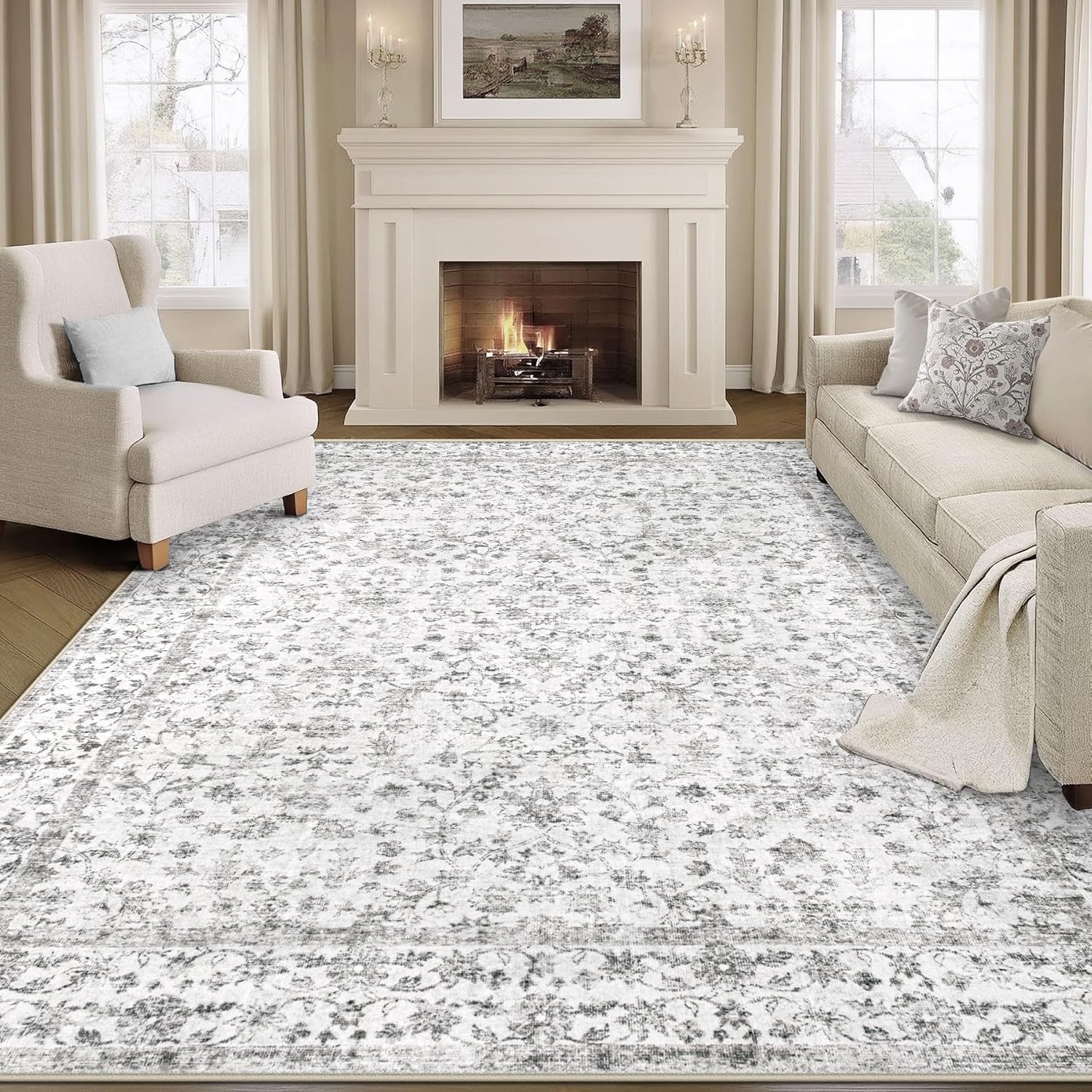 Area Rugs 8x10 Living Room Rug, Washable Vintage Boho Floral Rugs Non Slip Soft Low Pile Distressed Rug Stain Resistant Indoor Carpet for Bedroom Nursery Kitchen Dining Room Office Light Grey