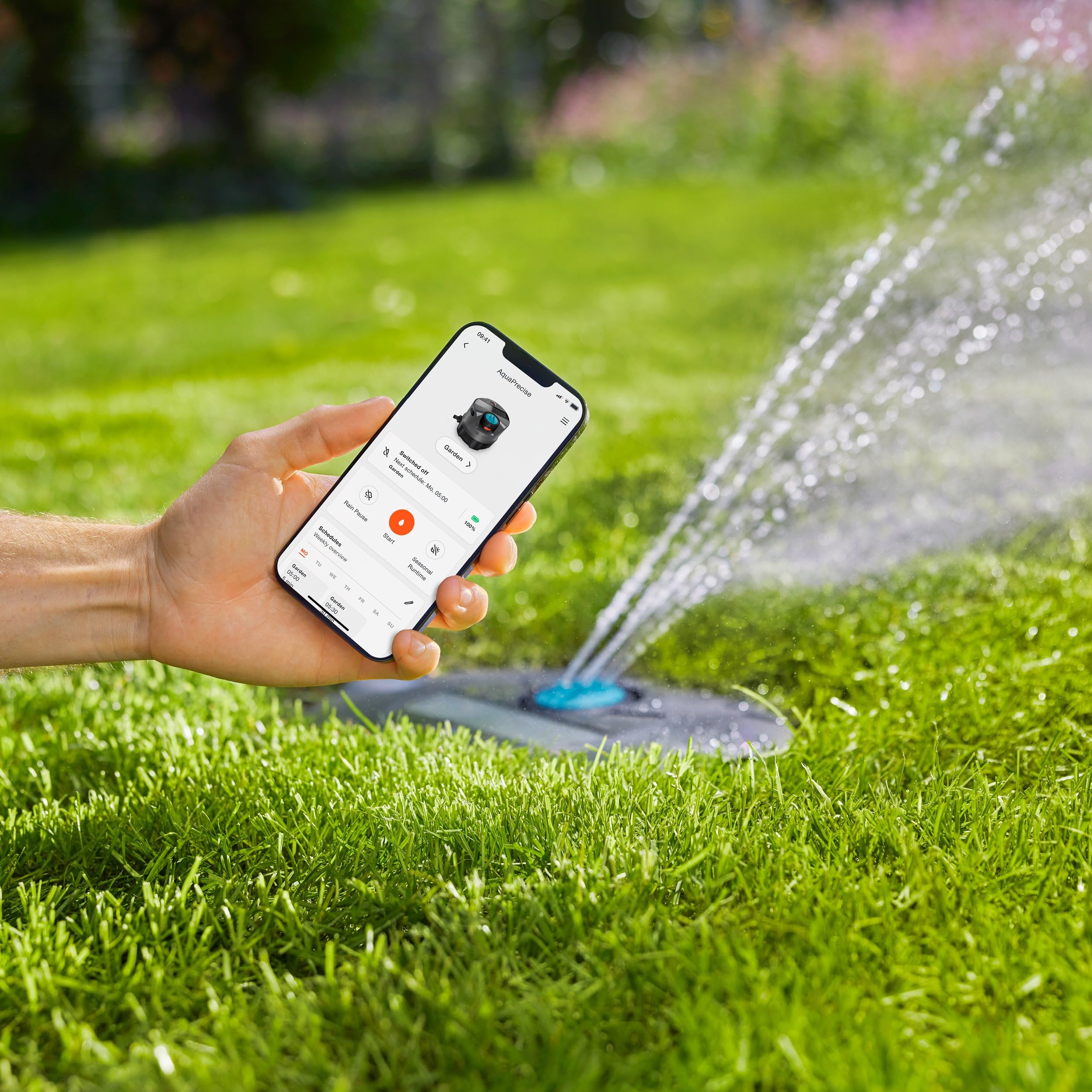 Gardena AquaPrecise Sistema de riego por tuberías: Ahorro de Agua, riego preciso para césped de hasta 320 m², Control Bluetooth, fácil instalación (16001-20)