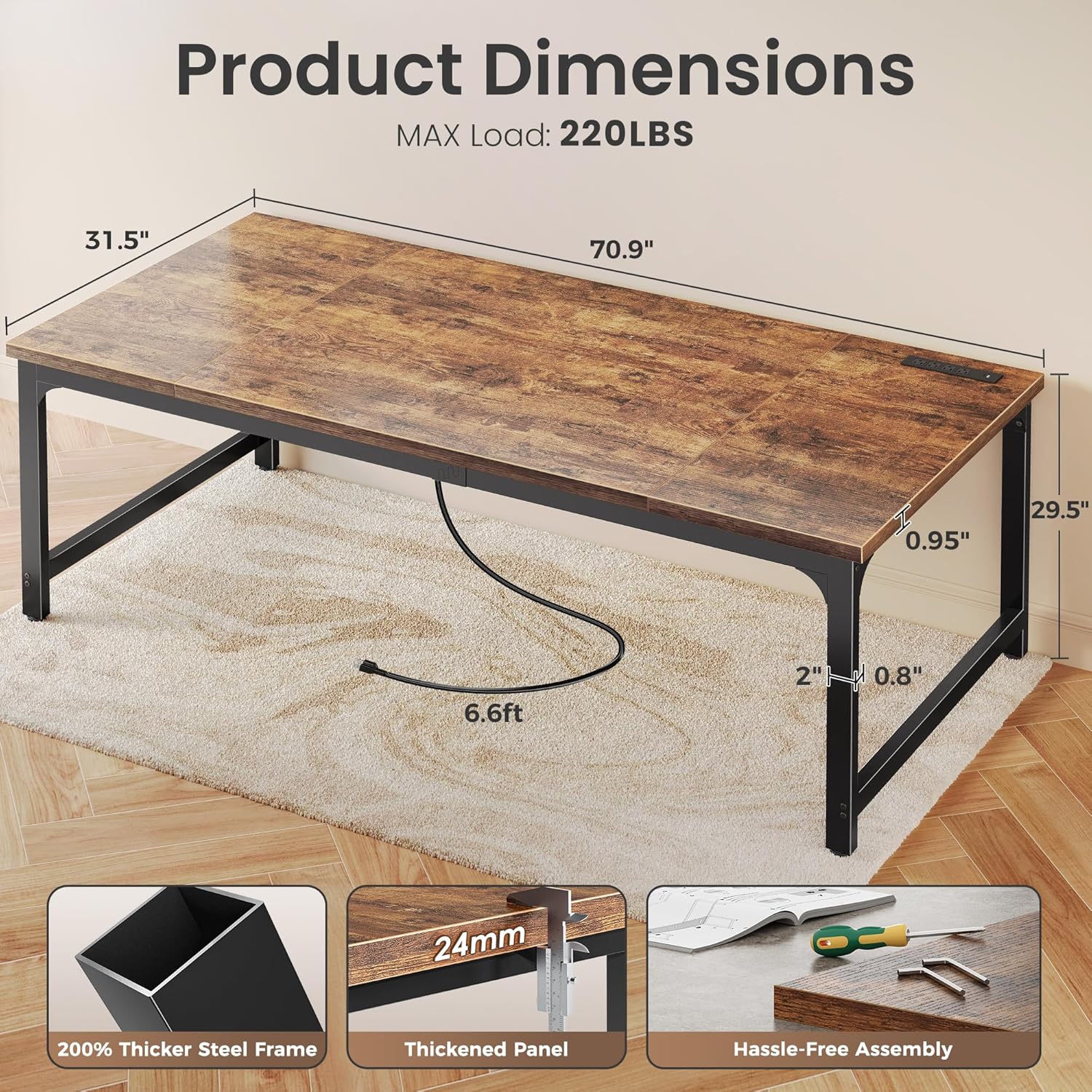 Huuger 71 x 31.5 Inch Desk with Power Outlets & USB-C, 0.95 Inch Thicker Desktop, Robust Metal Tubes, Deep Computer Desk, Heavy Duty Office Desk, Work Desk for Home Office, Rustic Brown