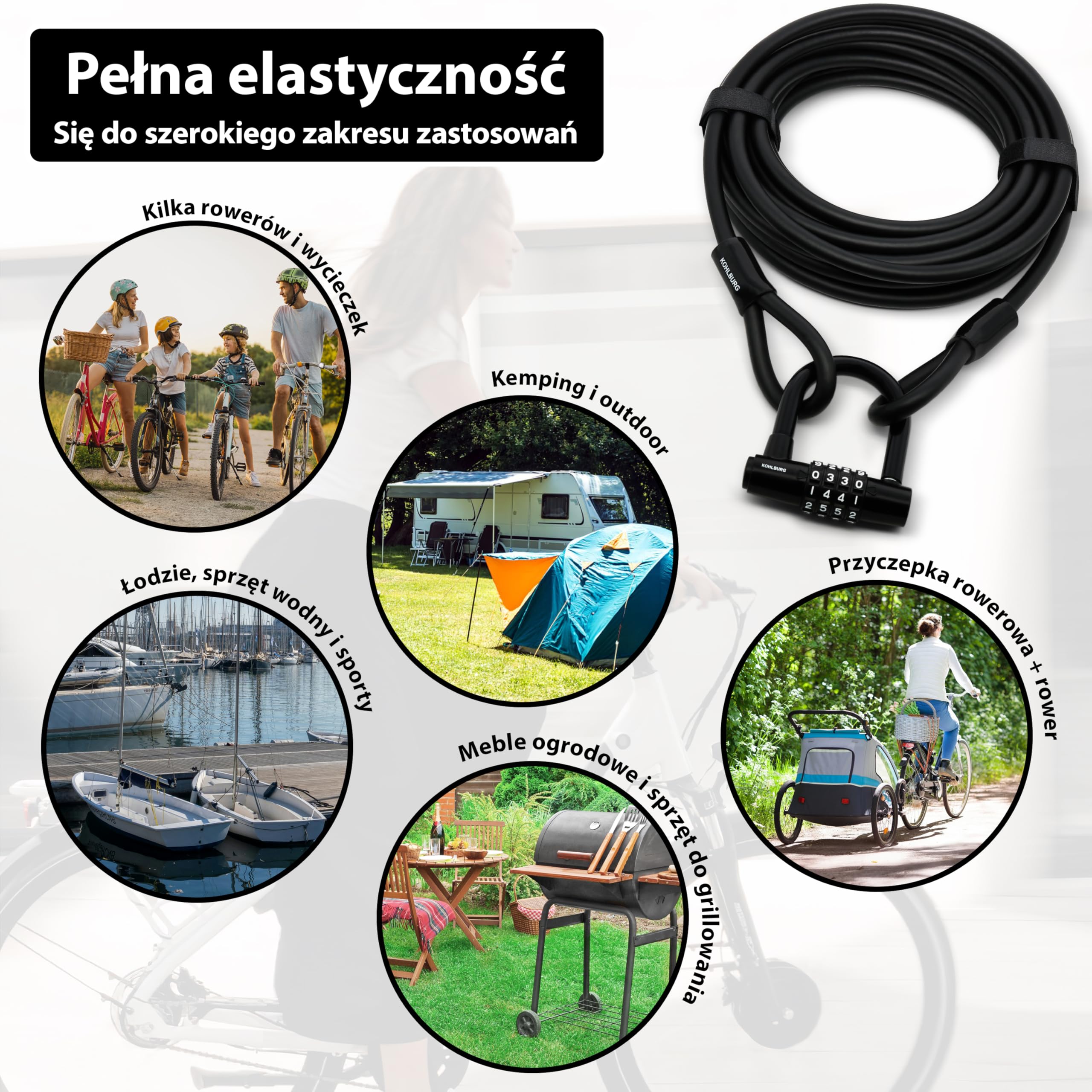 KOHLBURG zamek kablowy 10 m z szyfrem, stalowa linka | Osłoną i rzepami do zabezpieczenia rowerów, łodzi, mebli ogrodowych, długi zamek rowerowy