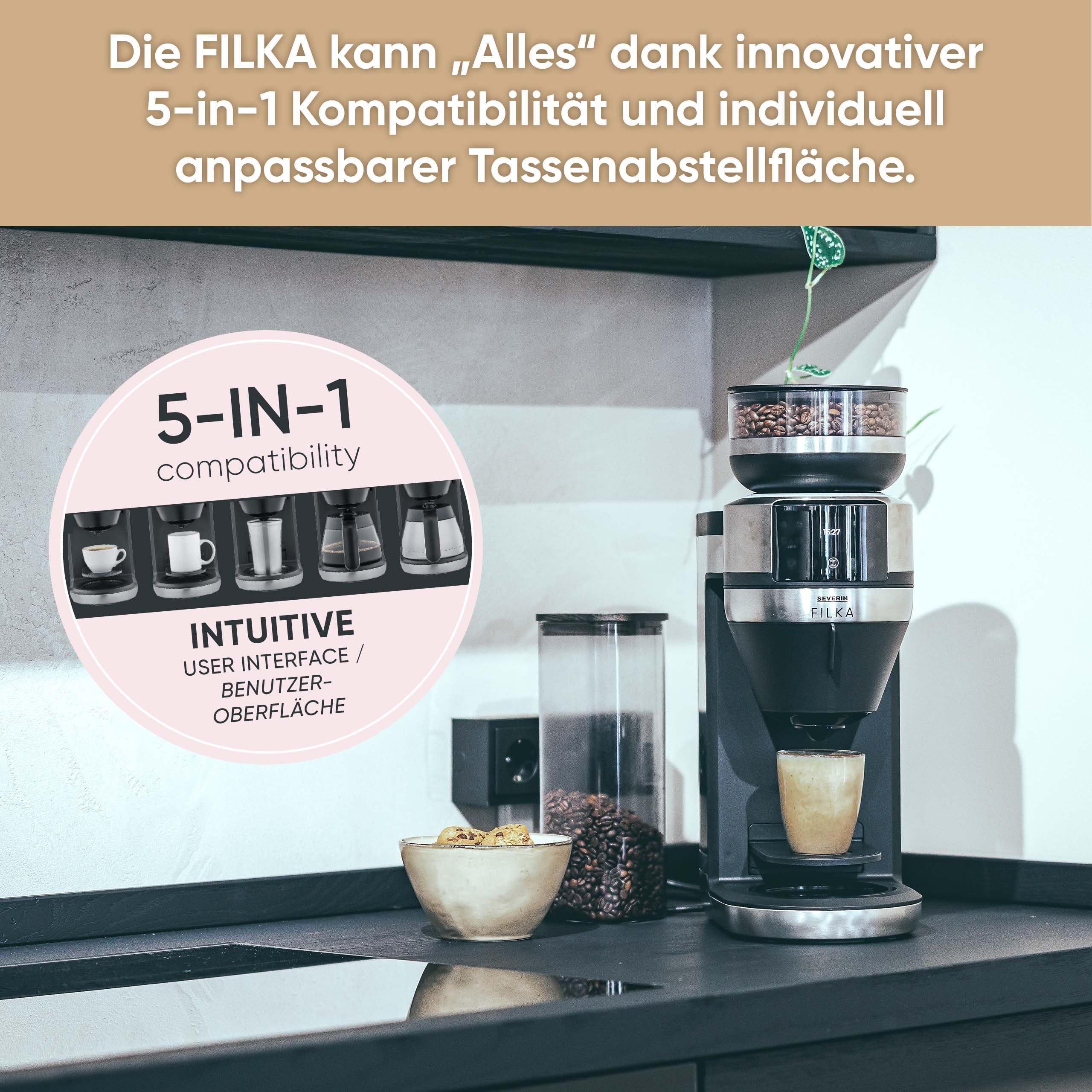 Severin Vollautomat für Filterkaffee, Mahlwerk, 5 Kaffeestärken, 100-350ml, 5-in-1 Filterkaffeemaschine, LED-Display, Warmhaltefunktion, Thermokanne, Filka, schwarz-matt, Edelstahl, KA 4853
