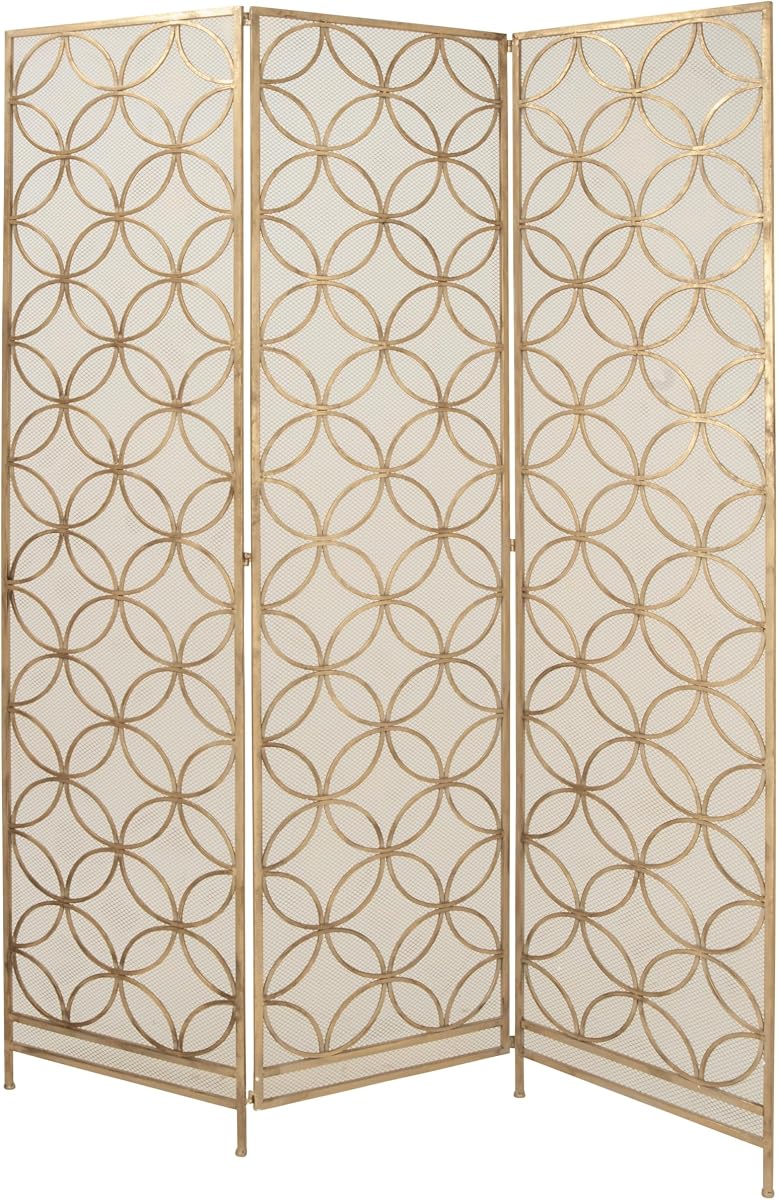 Deco 79 Metal Geometric Partition Screen, 3 Panel Foldable Room Divider, 57" x 79", Brass