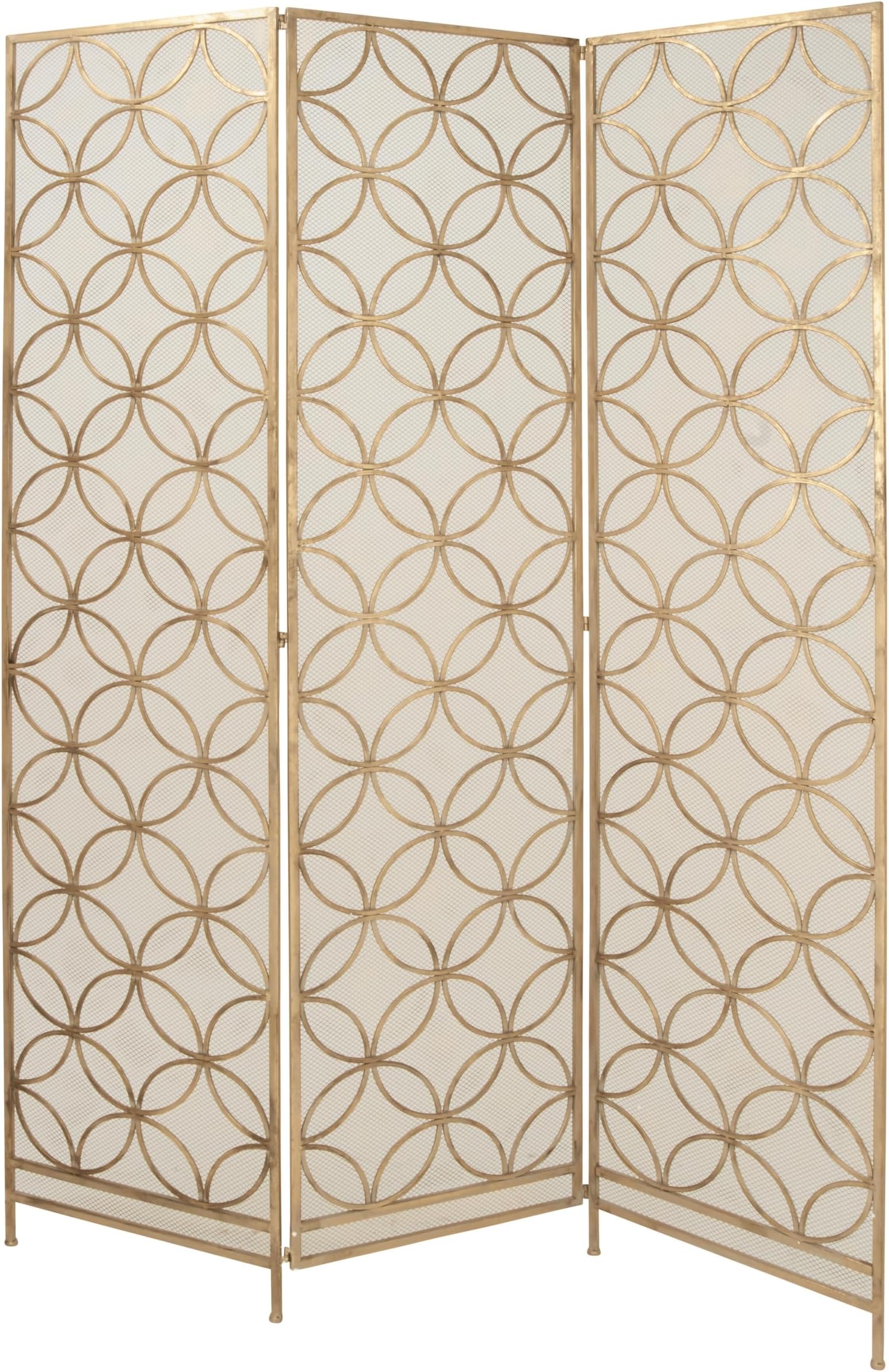 Metal Geometric Partition Screen, 3 Panel Foldable Room Divider, 57" x 79", Brass